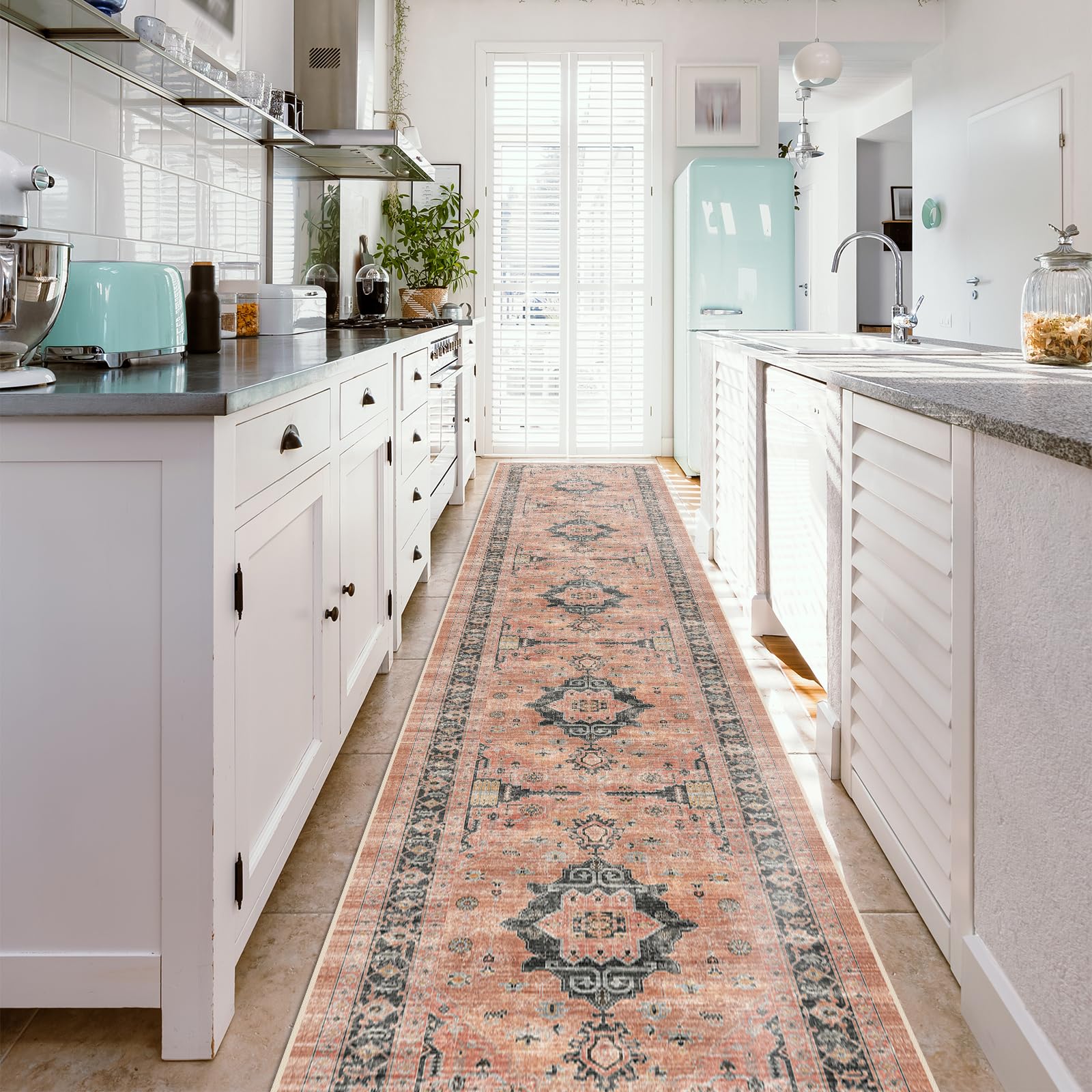 Hallway Washable Runner Rug - 2'6x14 Kitchen Rugs Entryway Rug Runner Vintage Soft Floor Mat Non Slip Indoor Farmhouse Carpet for Bathroom Living Room Bedroom (2'6''x14', Orange)