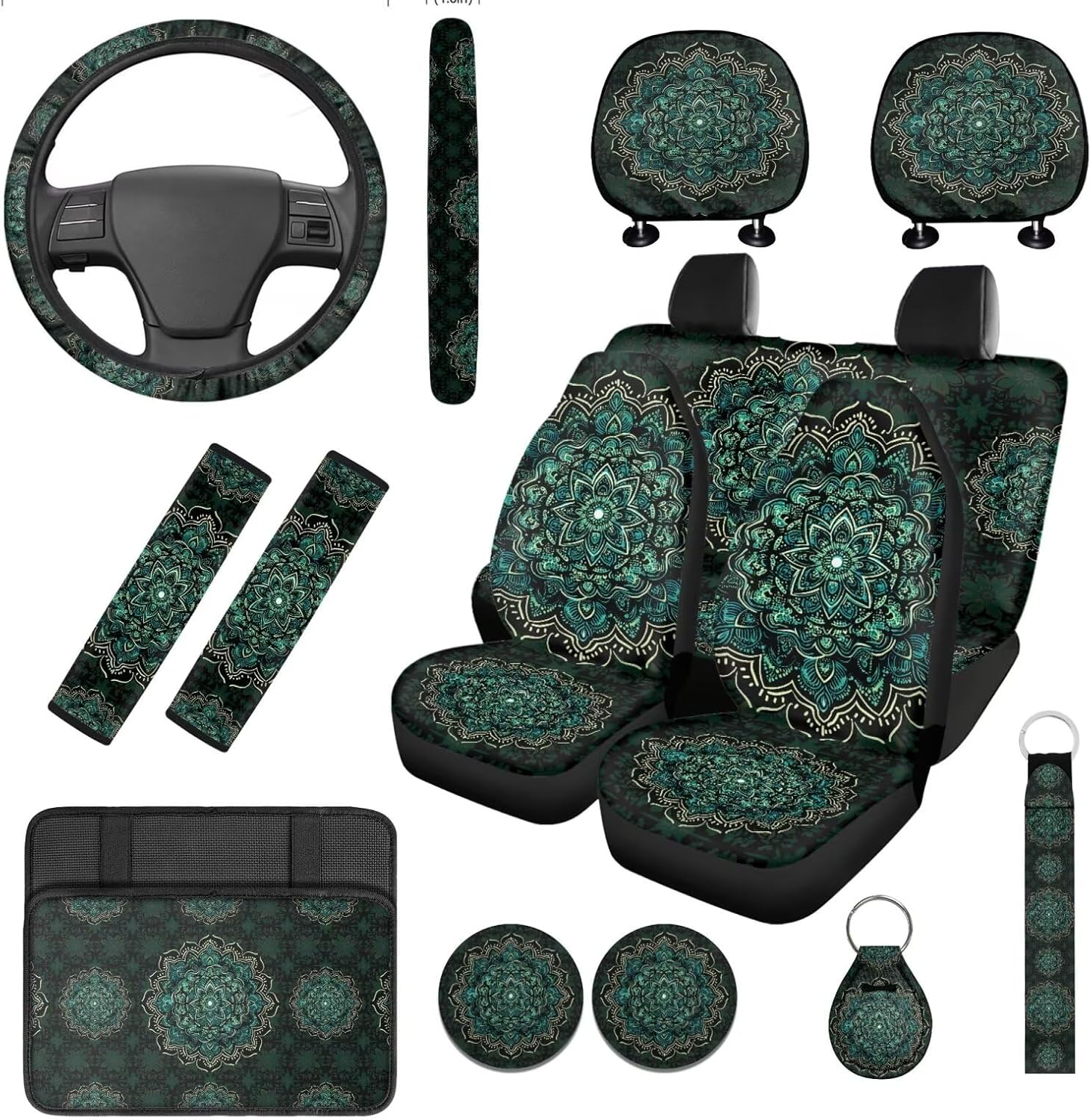 Green Mandala Car Seat Covers with Steering Wheel Cover, Boho Seat Belt Covers Cup Holder with Keychain, Mandala Automotive Protector Set Unverisal Fit Cars Van SUV Sedans Trucks, 14 Pcs