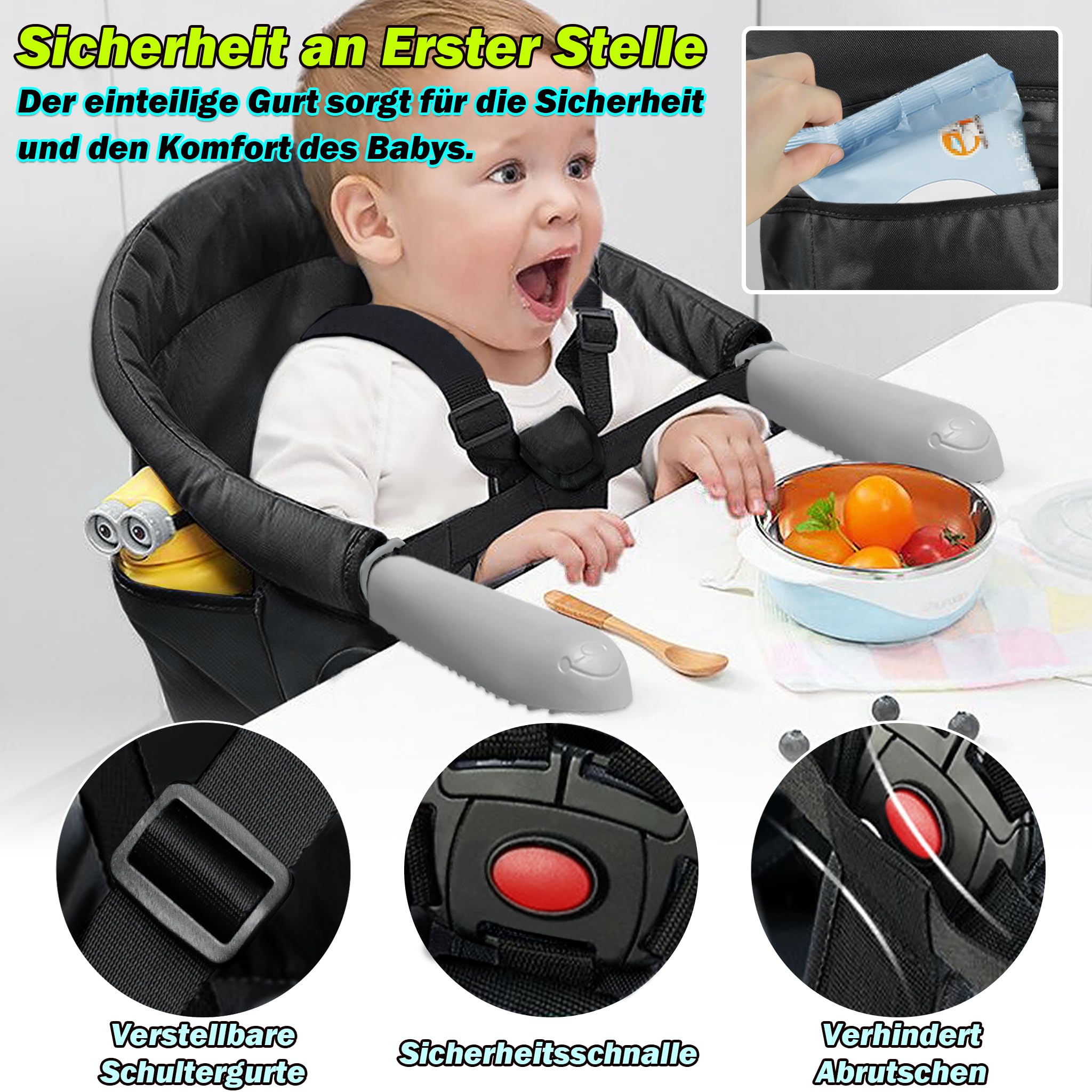 Froadp Seggiolino da tavolo pieghevole per bambini, con custodia e linguette di fissaggio sicure, per bambini, seggiolone, con aste di fissaggio regolabili, per casa, viaggi, colore nero