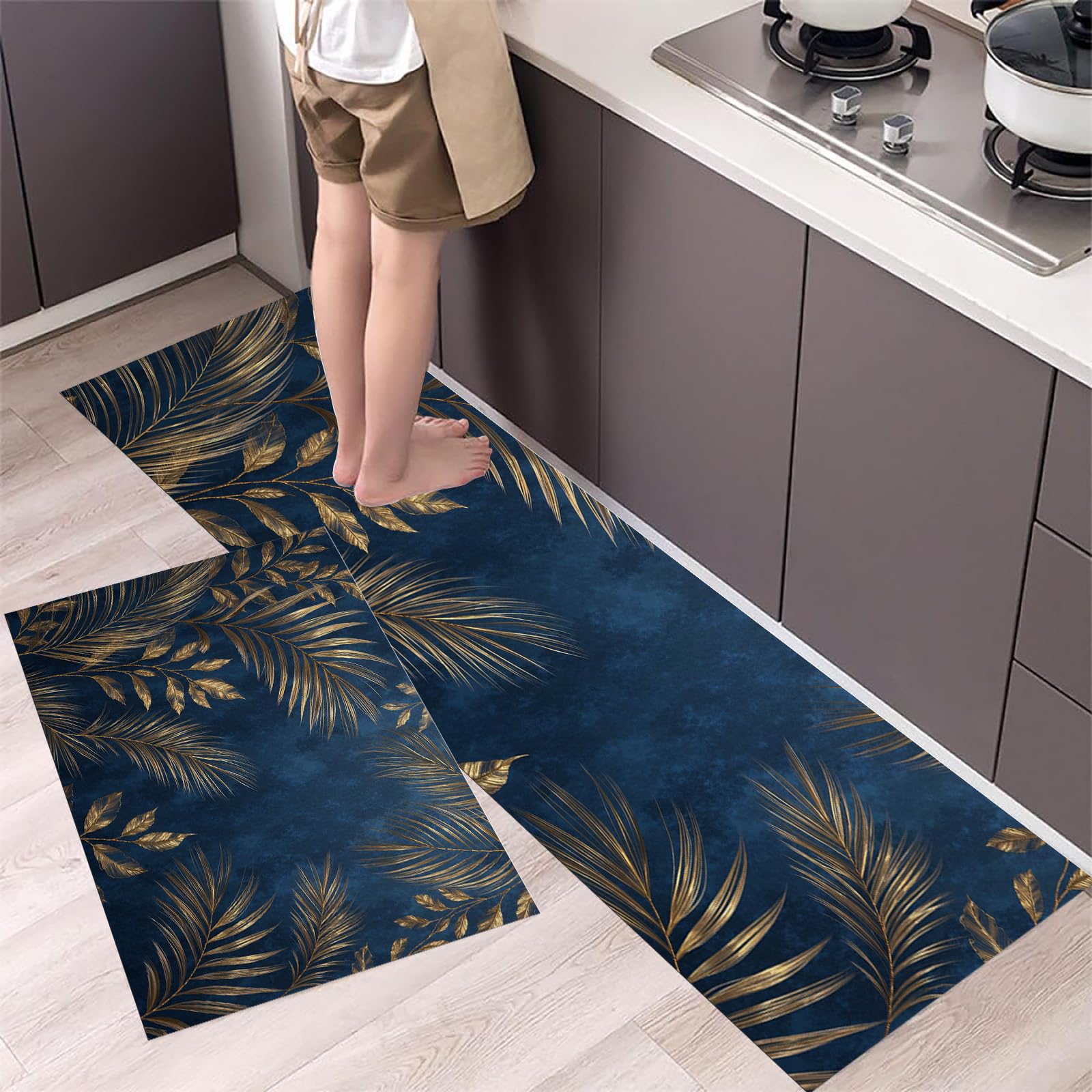 Juego de 2 alfombras antifatiga de cocina con elegante acabado botánico azul y oro