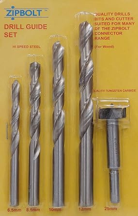 Zipbolt 40.285 Replacement Drill Bit Set for Universal Drill Guide Woodworking Project Kit - Includes HSS 6.5mm, 8.5mm, 10mm, 12mm, Drill Bits and a 25mm Carbide-Tipped HSS Forstner Bit