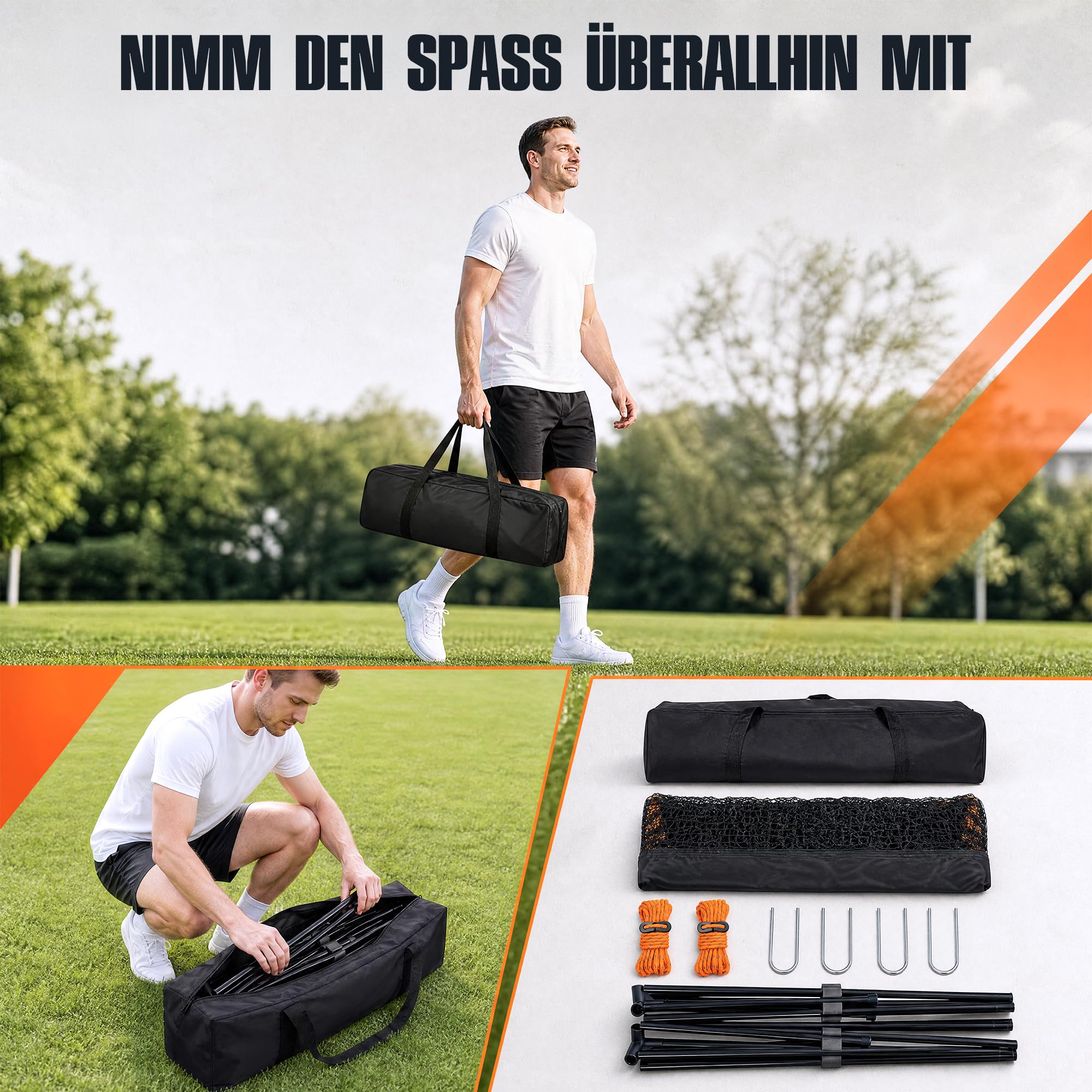 5-in-1 Sportnetz tragbar, 4m Volleyballnetz Höhenverstellbar, All-in-One Badmintonnetz, Tennisnetz, Pickleball Netz für Garten, Outdoor & Strand, inklusive Erdnägeln & Tasche