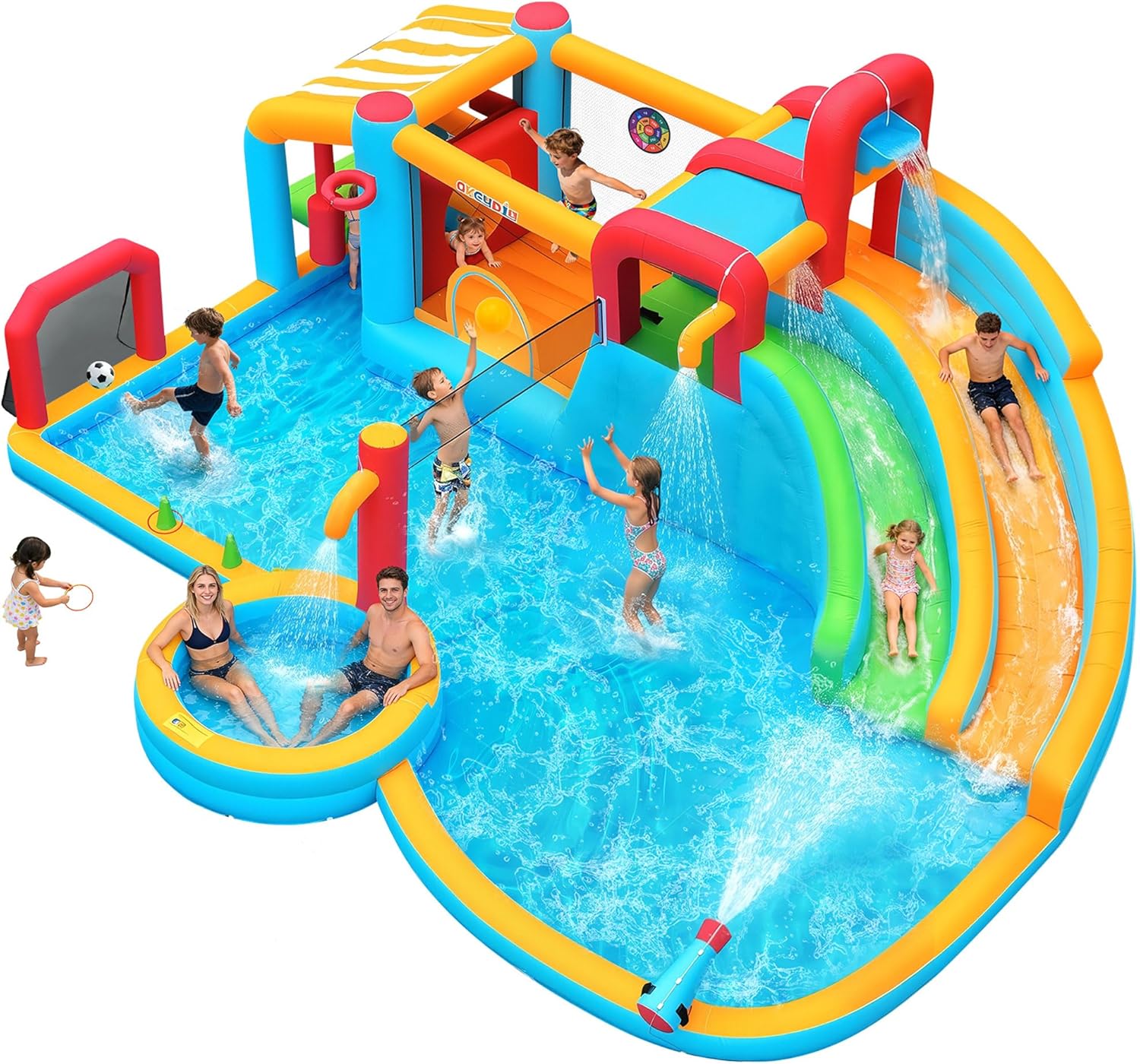 Whubefy 21.7x17.3 ft Inflatable Water Slide Bounce House for Kids Backyard 29-in-1 Giant Blow Up Double Slides Water Park, Splash Pool with Volleyball Net, Shaded Pretend Play Station Obstacle Course