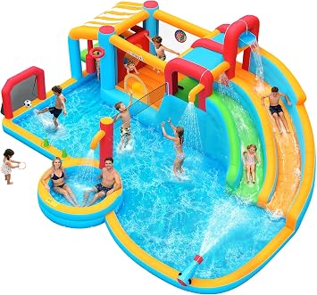 Whubefy 21.7x17.3 ft Inflatable Water Slide Bounce House for Kids Backyard 29-in-1 Giant Blow Up Double Slides Water Park, Splash Pool with Volleyball Net, Shaded Pretend Play Station Obstacle Course