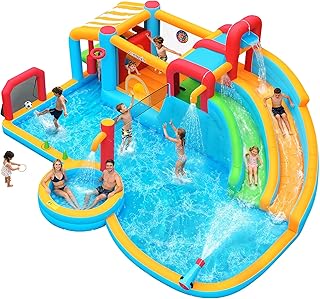 Whubefy 21.7x17.3 ft Inflatable Water Slide Bounce House for Kids Backyard 29-in-1 Giant Blow Up Double Slides Water Park, Splash Pool with Volleyball Net, Shaded Pretend Play Station Obstacle Course