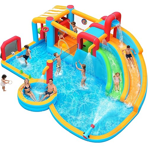 Whubefy 21.7x17.3 ft Inflatable Water Slide Bounce House for Kids Backyard 29-in-1 Giant Blow Up Double Slides Water Park, Splash Pool with Volleyball Net, Shaded Pretend Play Station Obstacle Course