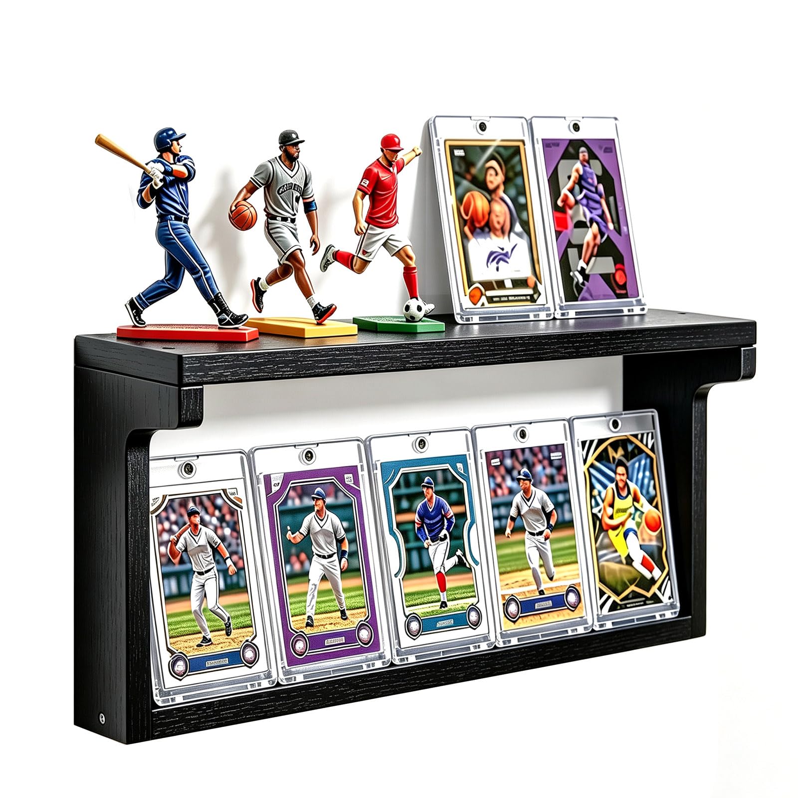 XunHe Trading Card Display Stand for Wall - Wall-Mounted 2-Tier Wooden Graded Card Storage with Top Shelf Black Wooden Display for Graded Cards, Baseball & Basketball Card Collection Showcase