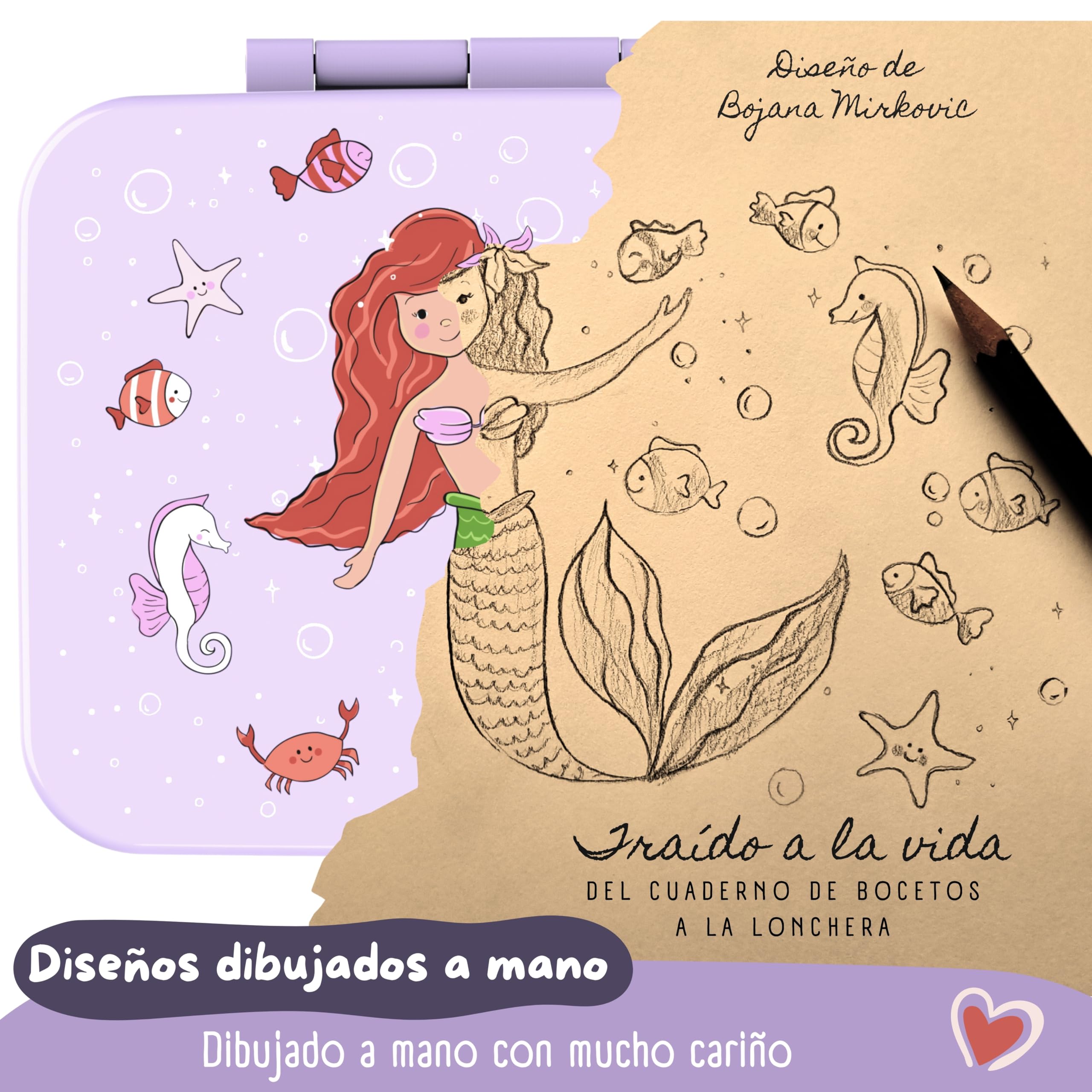 BEARFOOT – Fiambrera Infantil Compacta, Bento Box para Niños sin BPA, Lonchera con Compartimentos para Colegio y Guardería, Ligera y Hermética (Sirena Morado, 650 ml)