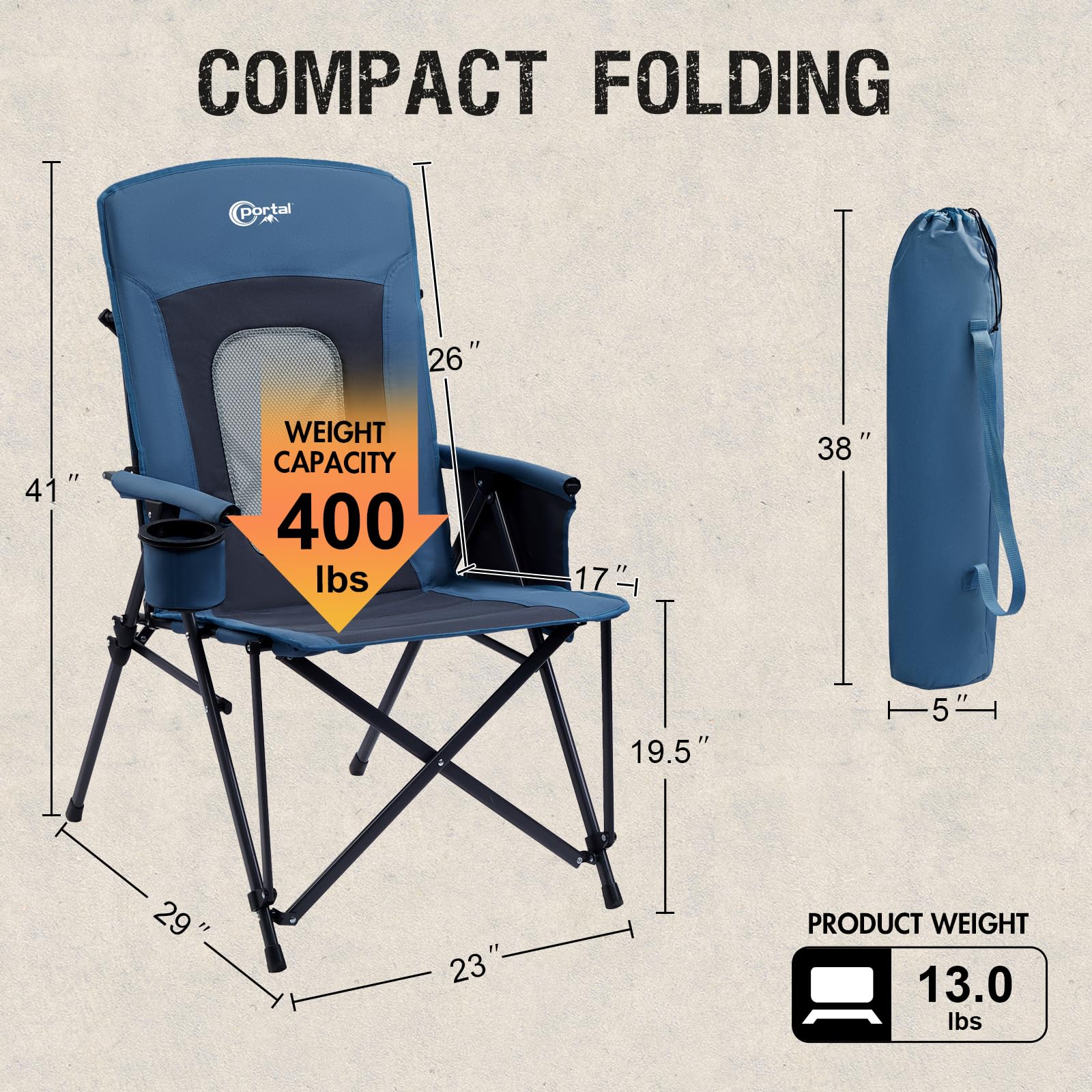 Portal Chaise Pliante Camping - jusqu'à 180 kg Dossier Haut avec Poche latérale Porte-Boisson