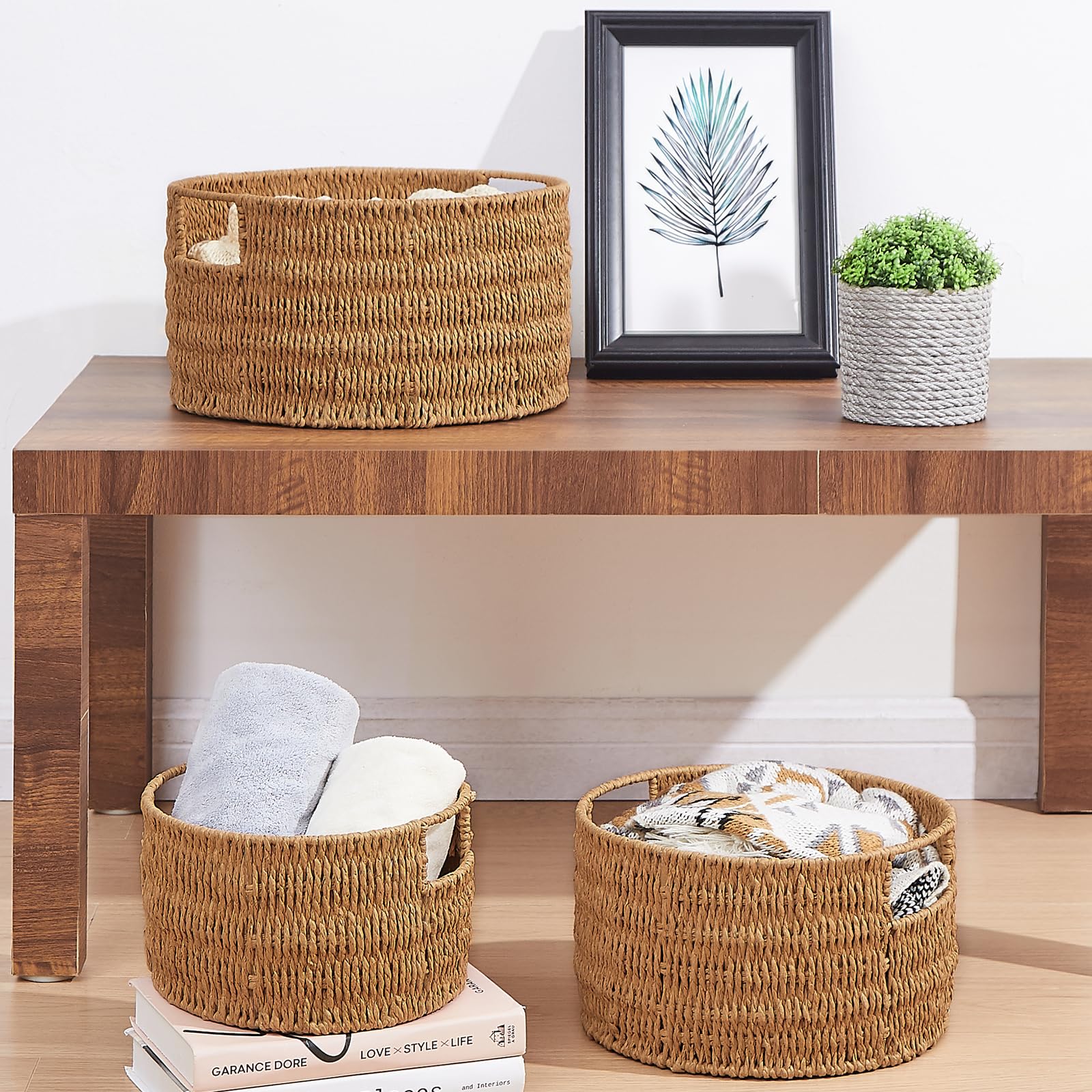 Vagusicc Aufbewahrungskorb rund 3er Set, Decorasian Korb Aufbewahrung mit Holzgriffen, Geschenkkorb leer aus Recyclebarem Papierseil für Schlafzimmer, Badezimmer, Wohnzimmer, Jute