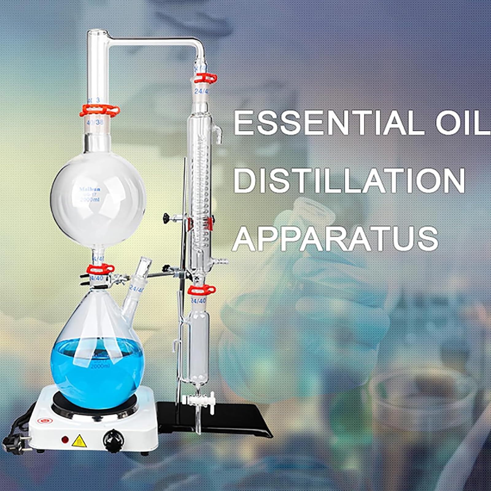 Aparato de destilación de 2000 ml de capacidad con estufa caliente y condensador para kit de extracción de aceites esenciales en laboratorio, temperatura de hasta 500 grados