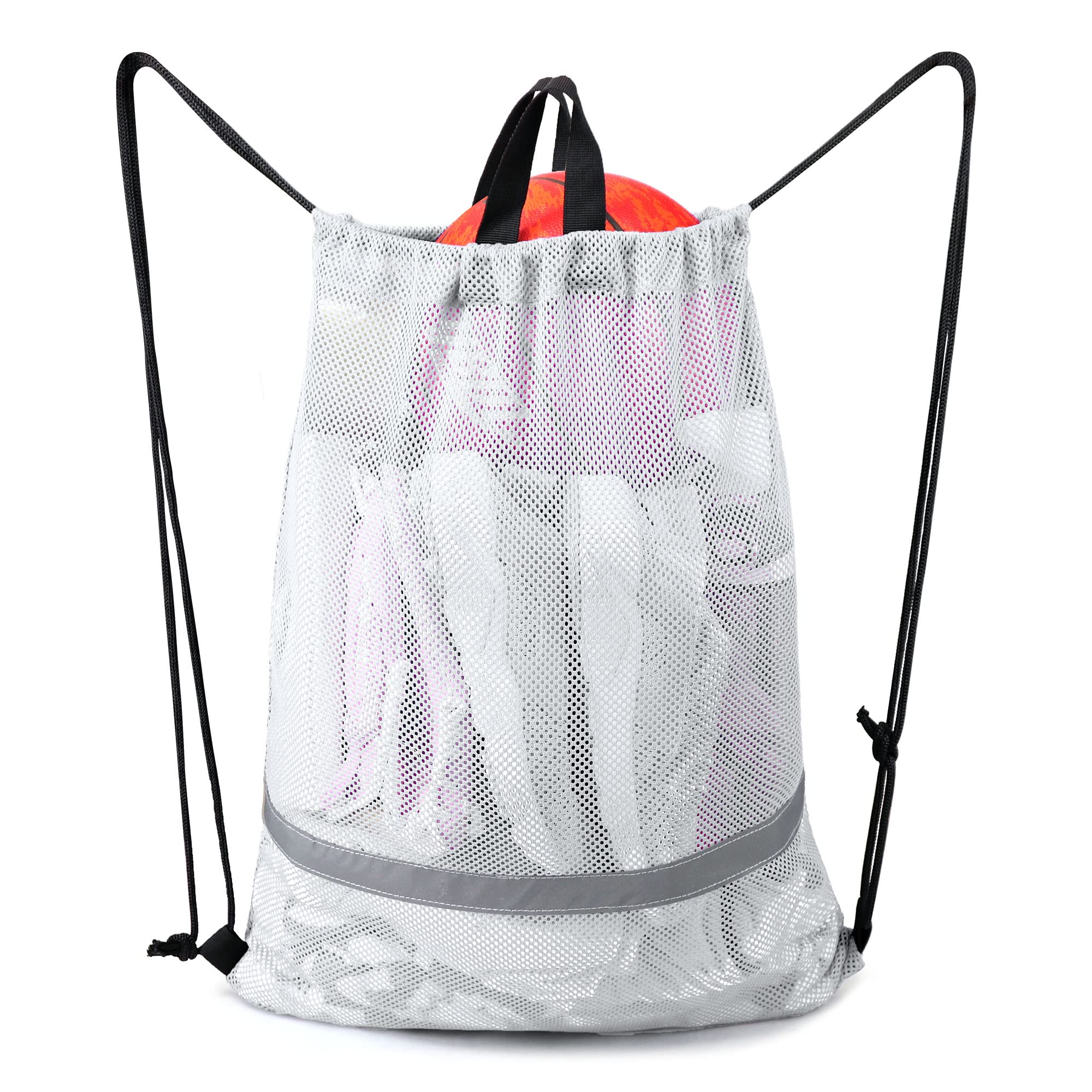 BeeGreenMesh Drawstring Bag Beach Backpack Lightweight Heavy Duty Sackpack for Sport, Classic White