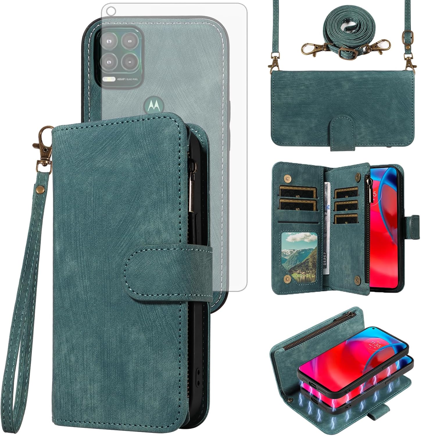 Asuwish Phone Case for Moto G Stylus 5G 2021 Zipper Wallet Detachable Magnetic Cover with Tempered Glass Screen Protector Crossbody Lanyard Card Holder Motorola GStylus G5 XT2131DL Women Girls Black