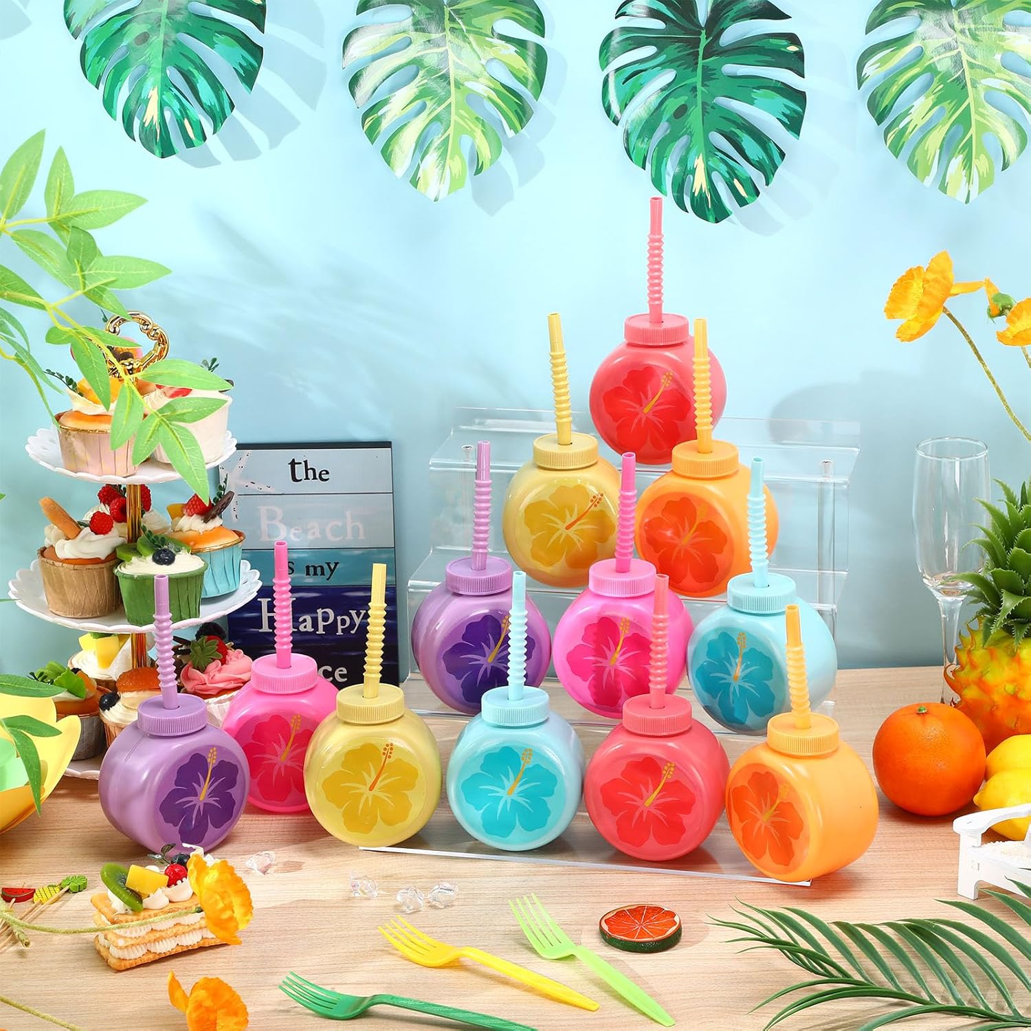 Mifoci 24 Sets Hibiscus Party Favor Cups 10 oz with Straws and Lids Hawaiian Luau Plastic Summer Drink Cups Tropical Flower Shape for Girls Aloha Tiki Beach Birthday Party Supplies, 6 Colors