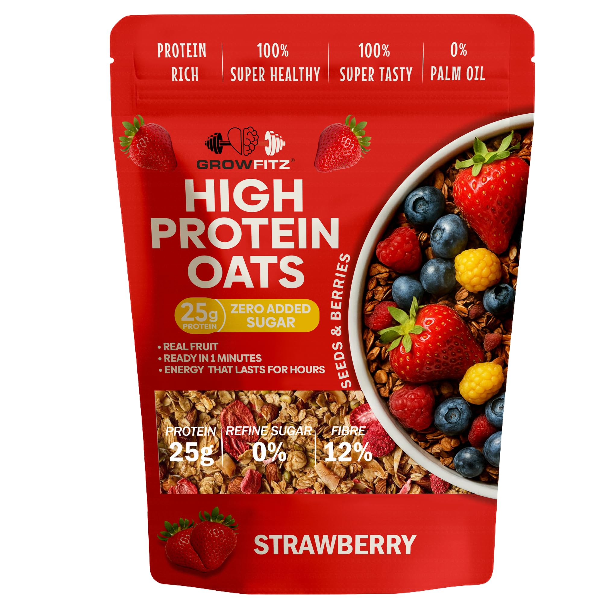 GrowFitz 25g High Protein Oats 800 Gram | Strawberry Flavor Breakfast Oatmeal | 12g High Fiber, Almonds, Raisin, Pumpkin, Chia Seeds, Super Rolled Oats | Healthy Fats, No Added Sugar (Pack of 1)