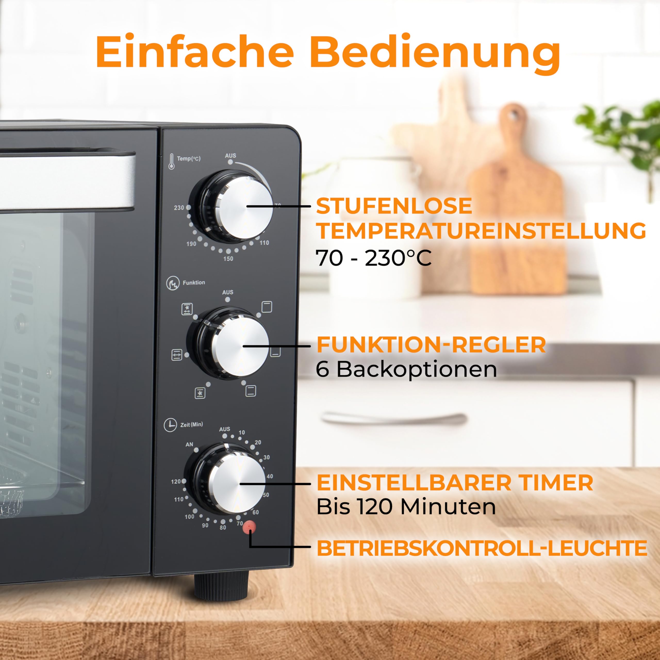 KLAMER Minibackofen mit Umluft (30 Liter), 6 Backfunktionen, 70-230°C, 120 min. Timer, Mini-Ofen inkl. Drehspieß, Grillgitter, Grillrost und Krümelblech, 1.500 W, Pizza Ø30cm, Schwarz