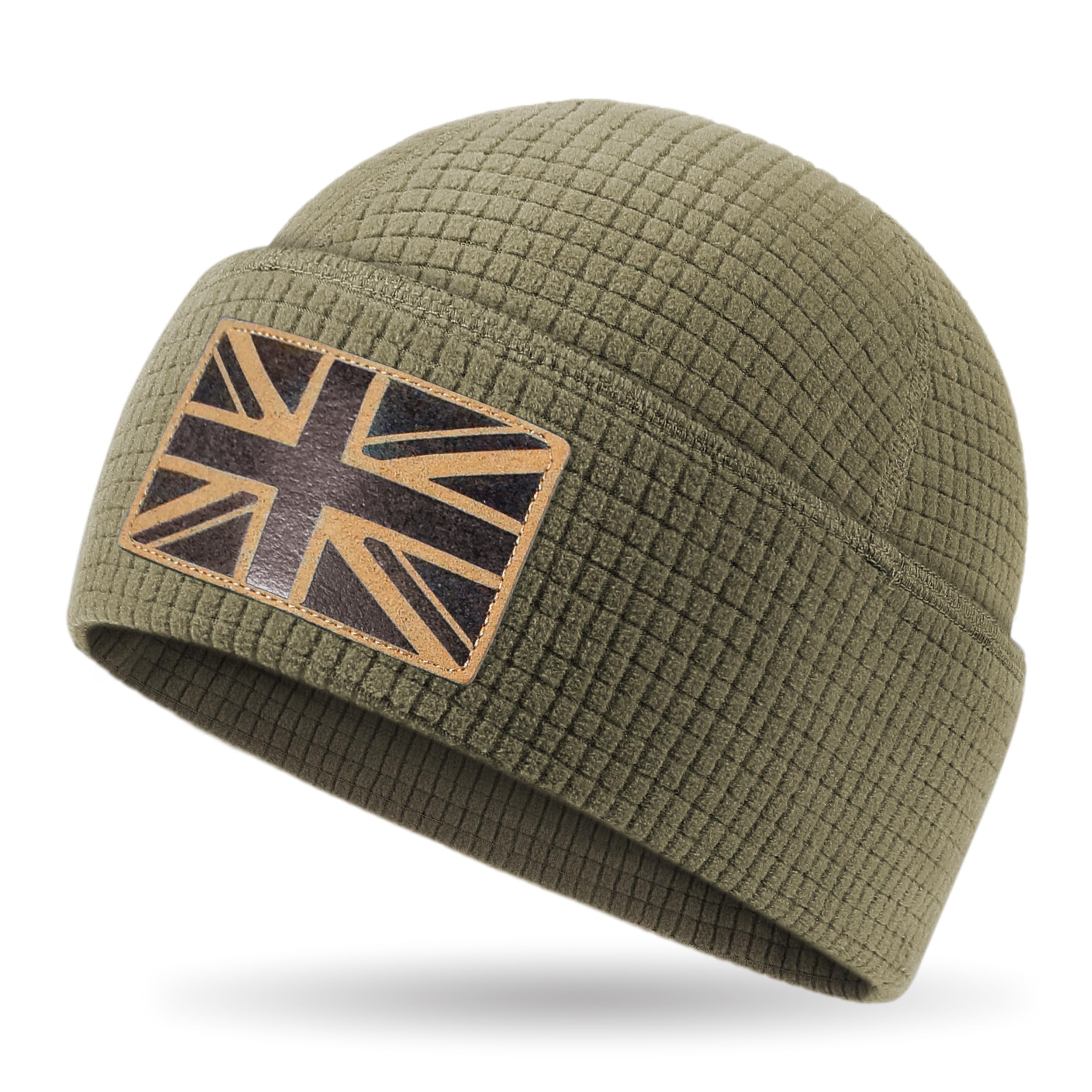 Outdoor Shaping Leather UK Flag Patch, Grid Fleece Cuffed Beanie Waffle Knit, Tactical Army Military Skull Cap Warm, Unisex Navy Hat One Size, Outdoor Hiking Travel Daily Wear