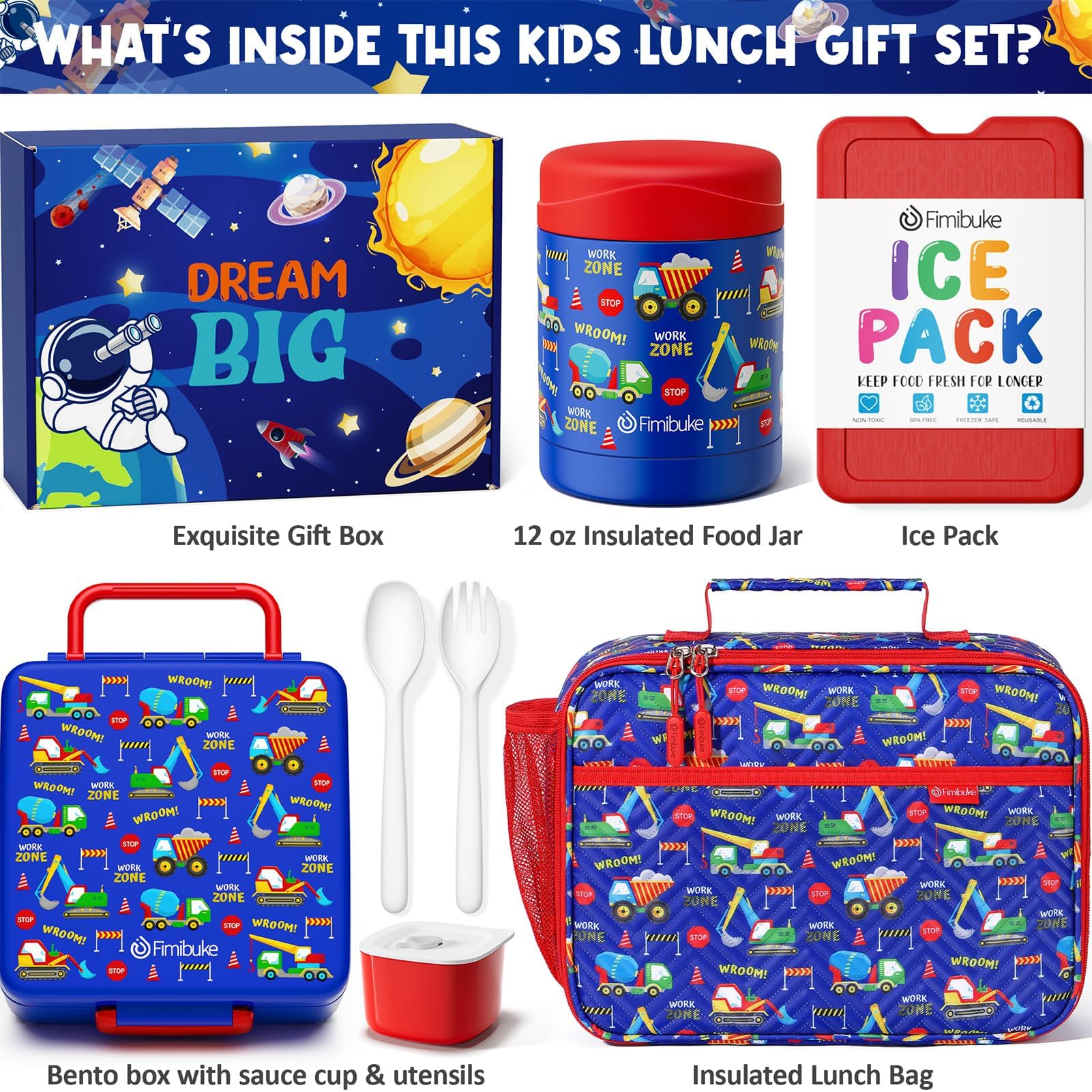 Fimibuke Contenitore per il pranzo Bento per bambini, con 4 scomparti, borsa termica, in acciaio inox, thermos sottovuoto per alimenti, set di utensili, regalo di compleanno per bambini dai 3 ai 12