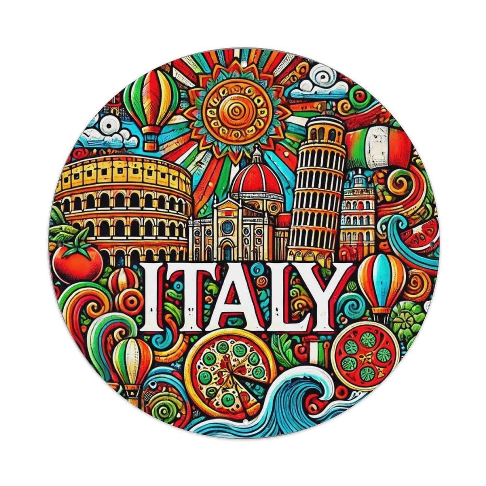 Jdyaojiesheng Vintage Italy Landmarks Food Art Colorful Round Tin Sign Retro Metal Wall Decor Metal Poster, Home Bar Garage Farmhouse Cafe Wall Art Decoration 8X8inch