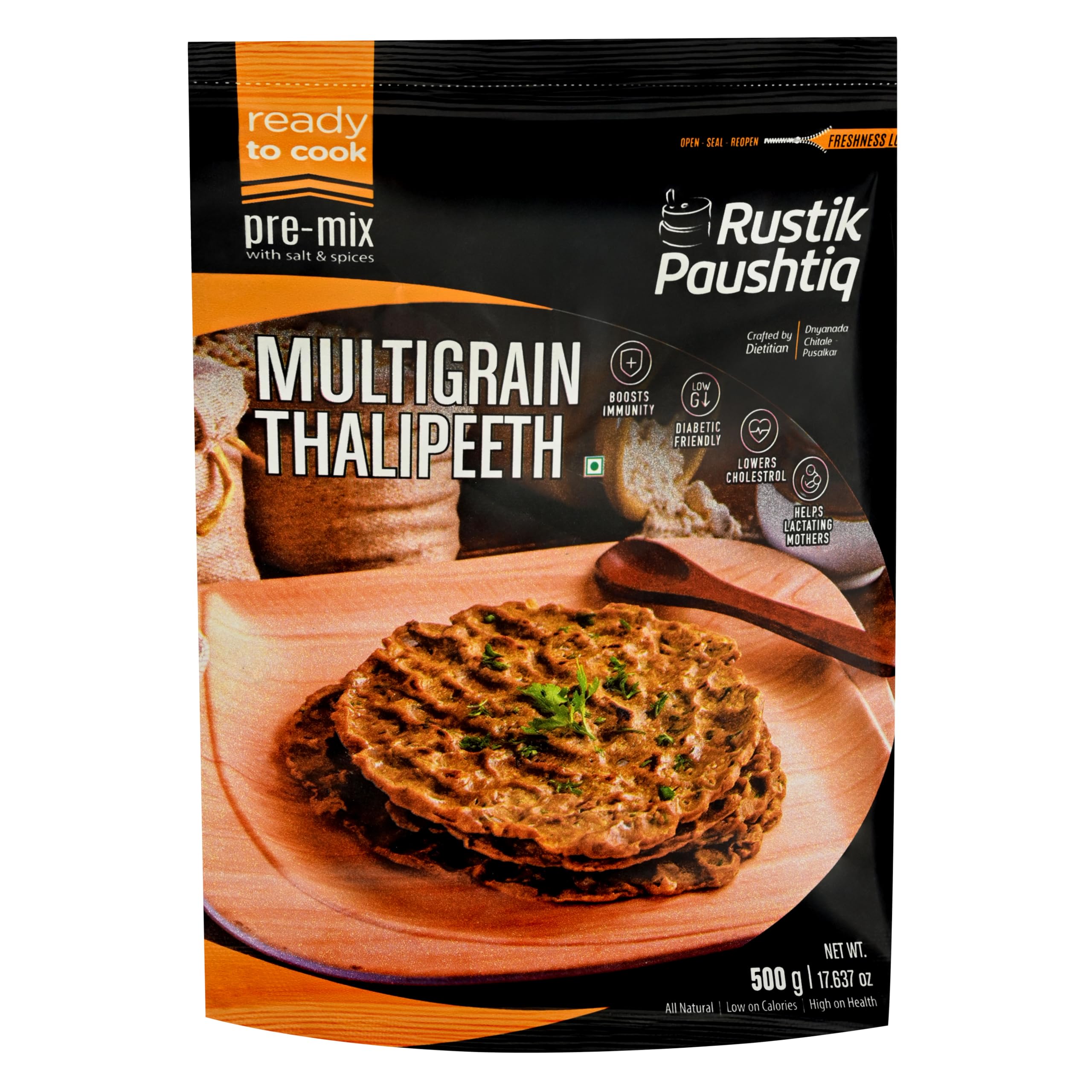 RUSTIK PAUSHTIQ Multigrain Thalipeeth 500gm (Single Pack)| Ready to Cook Food | Fresh Natural Ingredient | Gluten Free | Diet Friendly | No-Added Colors and Preservatives