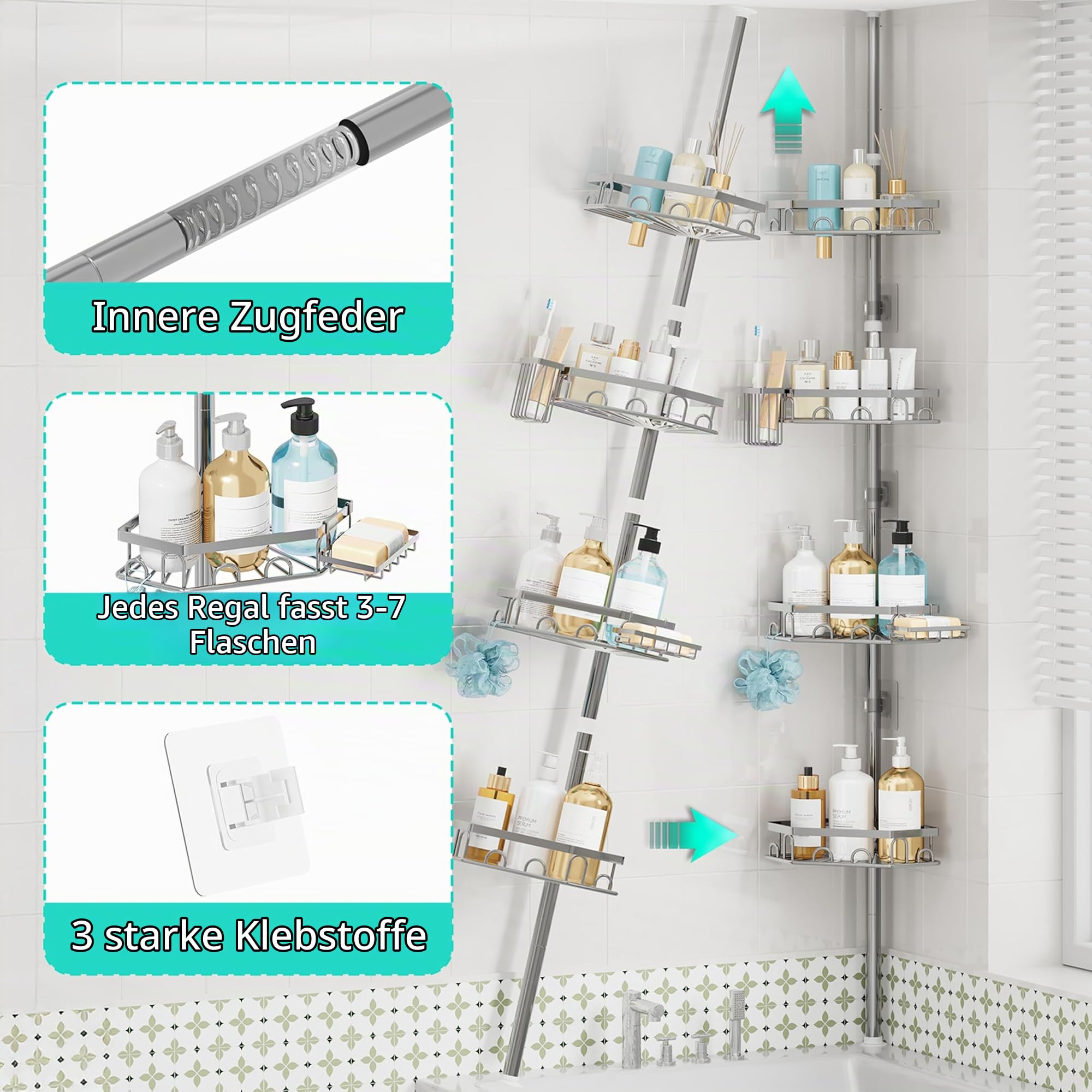 HapiRm Teleskopstange Duscheckregal Teleskop - Teleskopregal, 70-276cm | 4 Tier rostfrei Teleskop Badregal Duschregal mit 16 Haken, Zahnbürstenhalter & Seifenschale, Teleskopstange Badezimmer