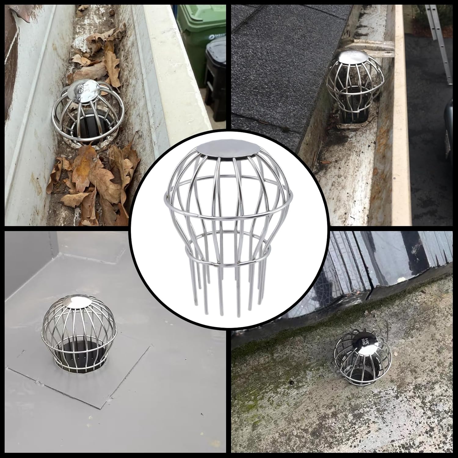 Wealrit Stainless Steel Downspout Leaf Filter, 4 PCS Gutter Leaf Guard Strainer Mesh Cover Round Downspouts,Debris Protector for Stops Leaves Seeds Drainage Ditch Gutter Cleaning Tool（5.2" x 3.94"）