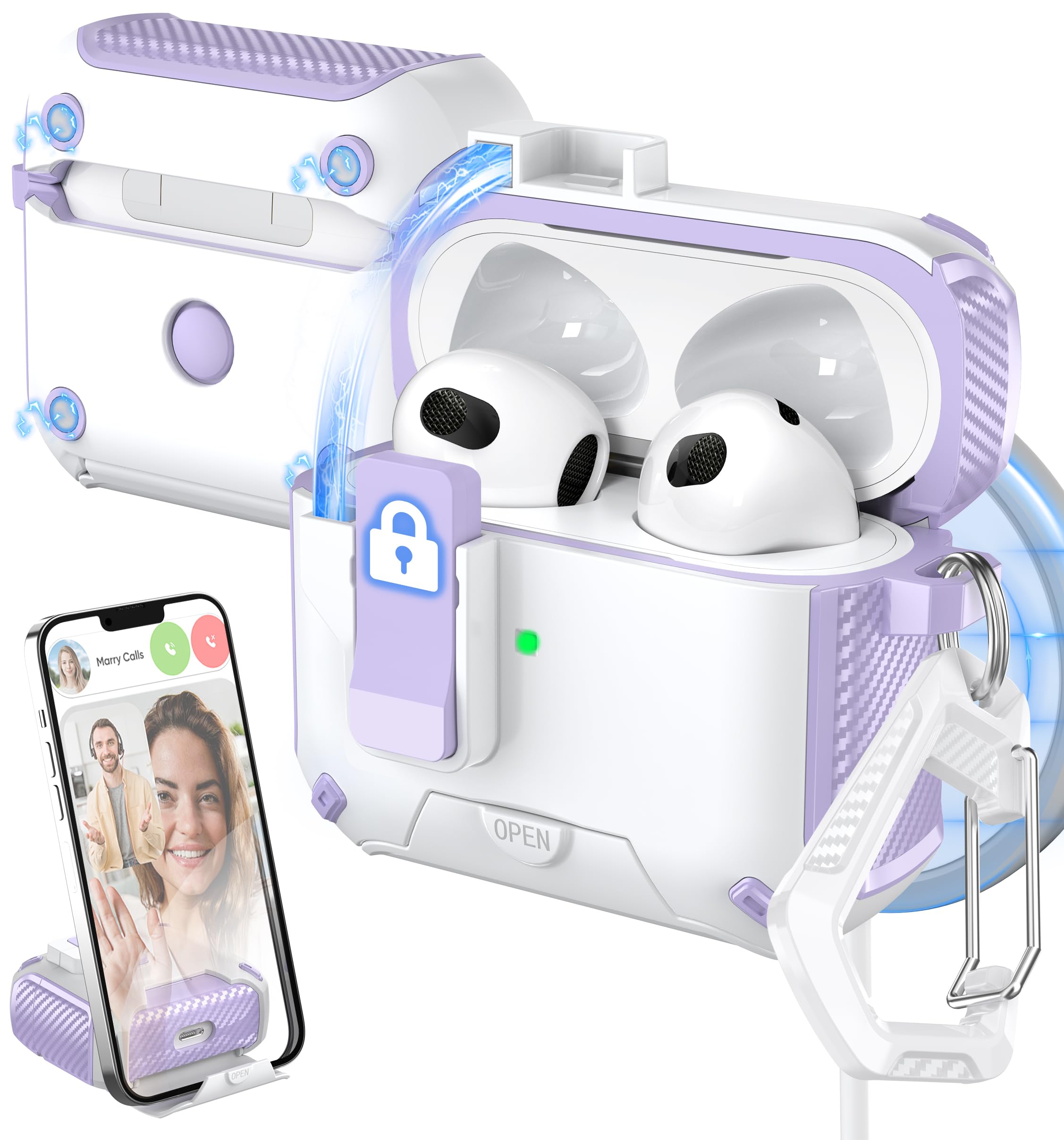 MHYALUDO for AirPods 3rd Generation Case Cover, Compatible with Magsafe, Magnetic Automatic Lock, Charging Port Dust-Proof & Stand Design with