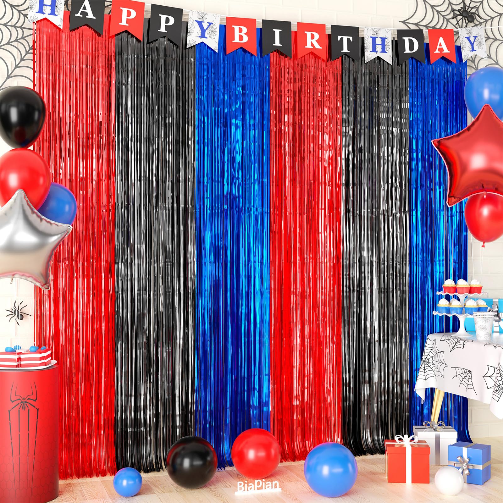 Biapian Red Blue Black Birthday Decorations, 2 Pack Red Blue and Black Foil Fringe Curtains Metallic Streamers for Boys Men Hero Theme Party