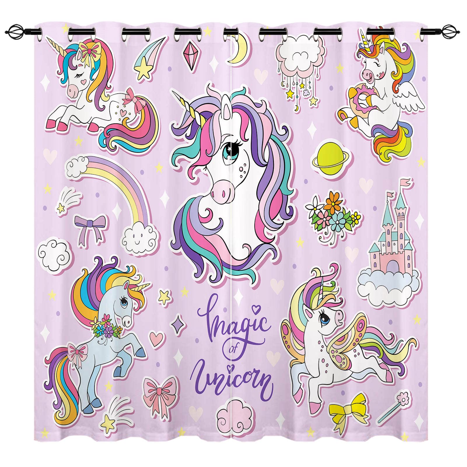 YUANZU Unicorn Curtains - Kids Rainbow Animal Magic Element Star Moon Print Pattern Eyelet Blackout Room Darkening Window Drapes for Boys Girls Baby Nursery Bedroom 2 Panels W140cm x D183cm