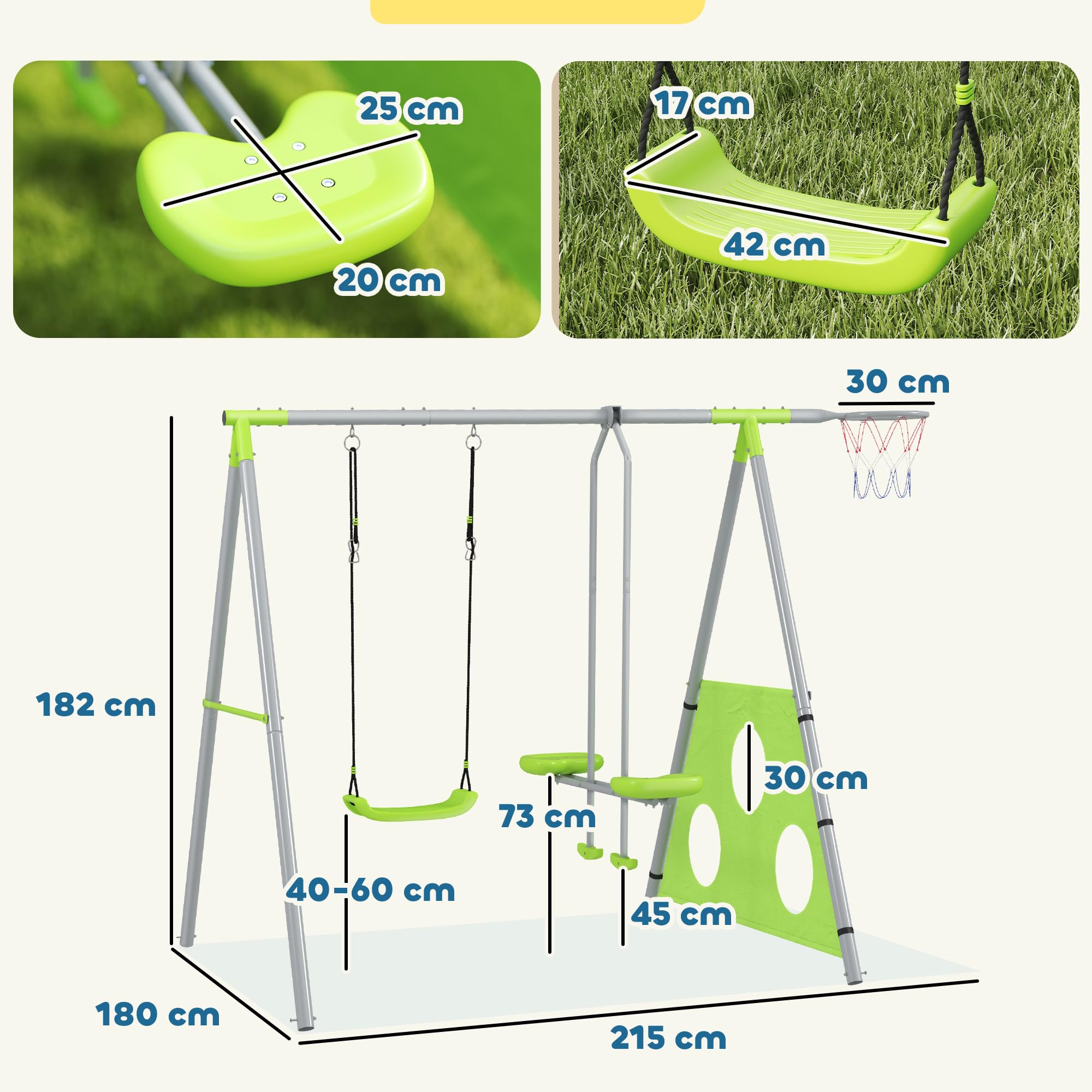 AIYAPLAY Balançoire Portique pour Enfant 4 en 1 pour 4 Enfants 135 kg Vert | 1 Agrès, 1 Face à Face, Panier de Basket-Ball, But de Football, Balançoire Enfant Extérieur, pour 3-8 ans