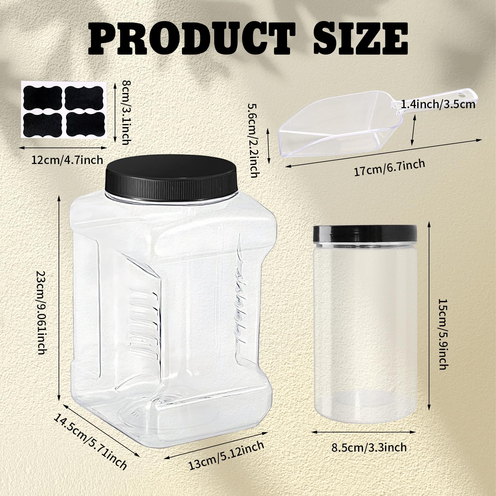 6 barattoli in plastica trasparente con coperchio, apertura larga, quadrati, con tappo a vite, contenitori vuoti in plastica PET, per caramelle, biscotti, cucina e alimenti (coperchio nero)