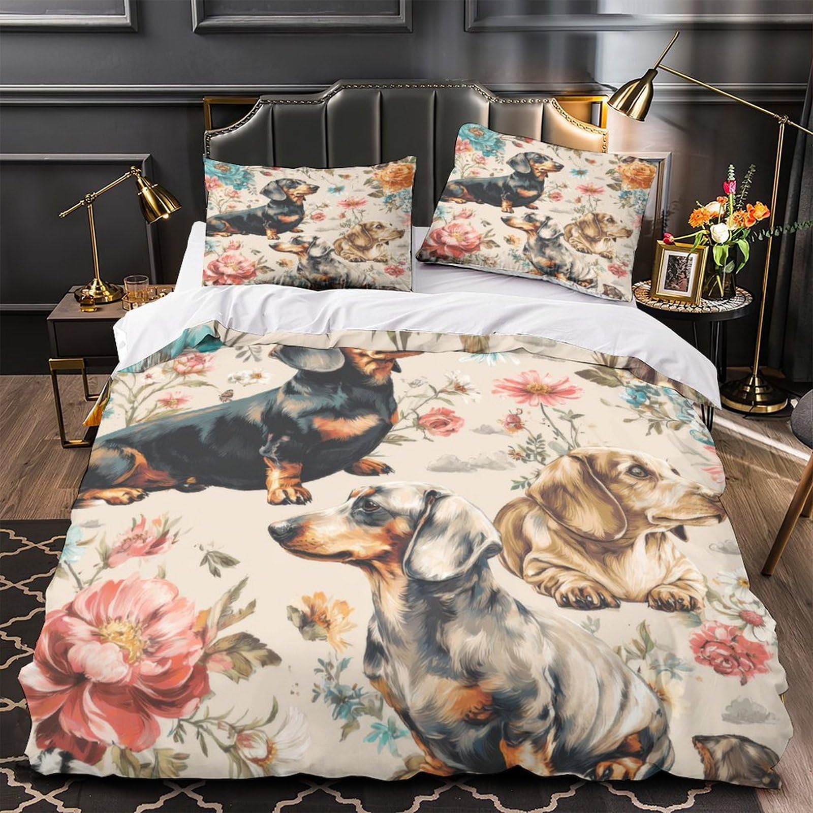 Drap de couette teckels 3D imprimé fleuri avec 2 taies d'oreiller super king size