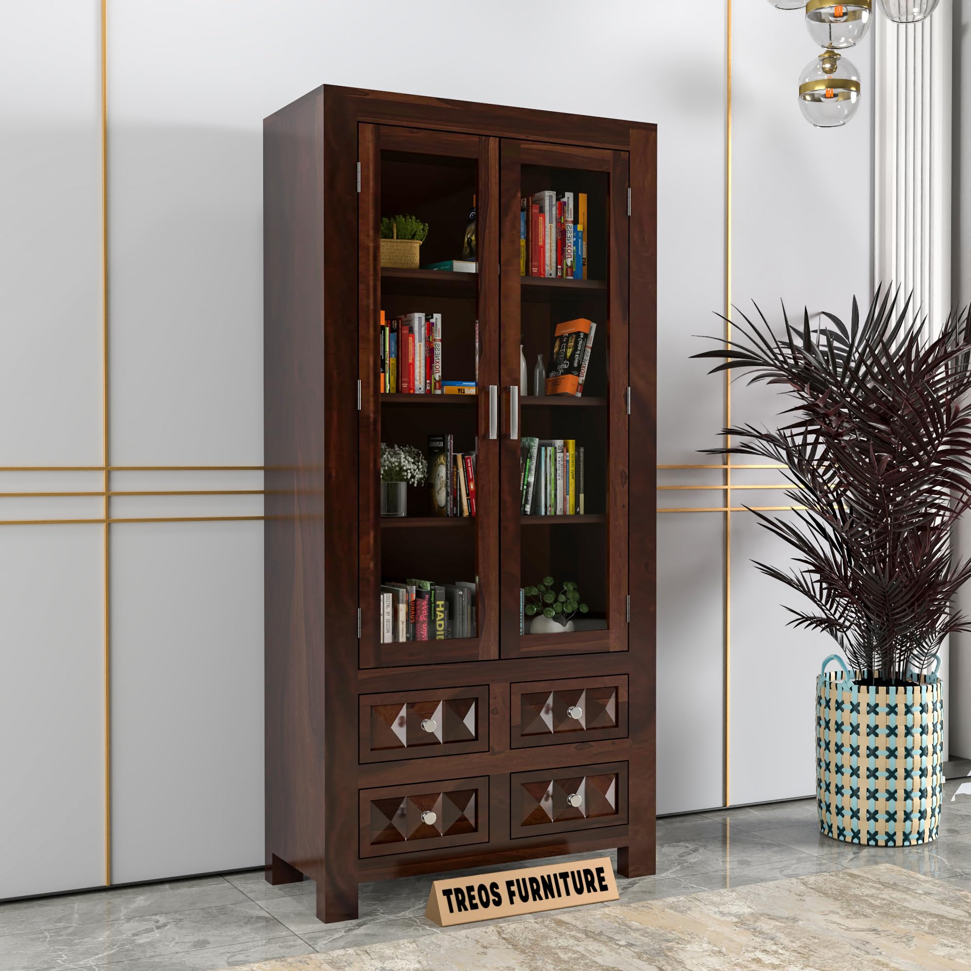Treos Furniture Solid Sheesham Wood Book Cabinet with Acrylic Glass Doors & Diamond Carved Drawer Design | Rosewood Storage Cabinet for Living Room & Office (Walnut Finish, 33 * 15 * 57)