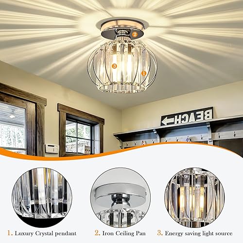 Miniatura 4 de YYJLX Moderna lámpara de techo semiempotrada E26 Mini candelabro de cristal cromado pequeña lámpara de techo para entrada, dormitorio, baño,