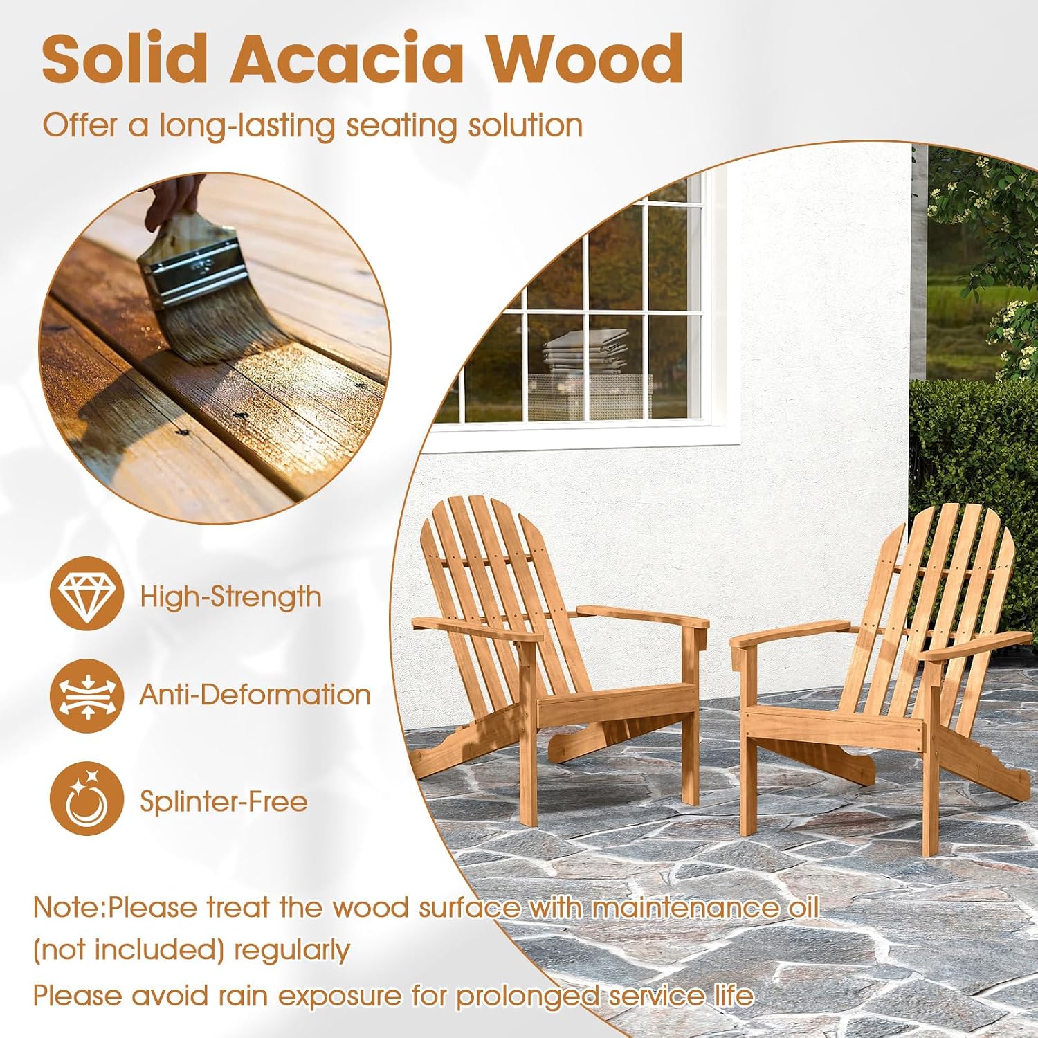 Giantex Adirondack Chair Set of 2 Acacia Wood Outdoor Chairs with 350 lbs Weight Capacity, Lounge Chair Armchair for Yard, Patio, Garden, Poolside, Balcony, Deck Fire Pit Chairs, Natural