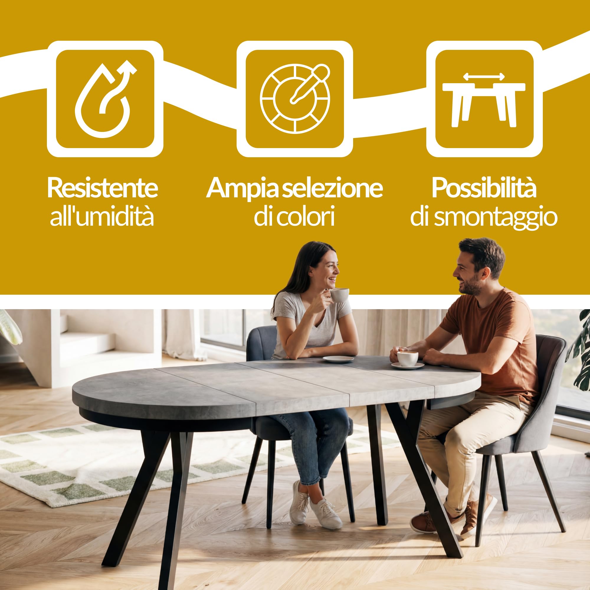 Tavolo Rotondo Allungabile EVO - Tavolo da Pranzo Allungabile - Piano in laminato da 36 mm - Gambe Solide - Diametro da 90 cm a 190 cm Lancelot