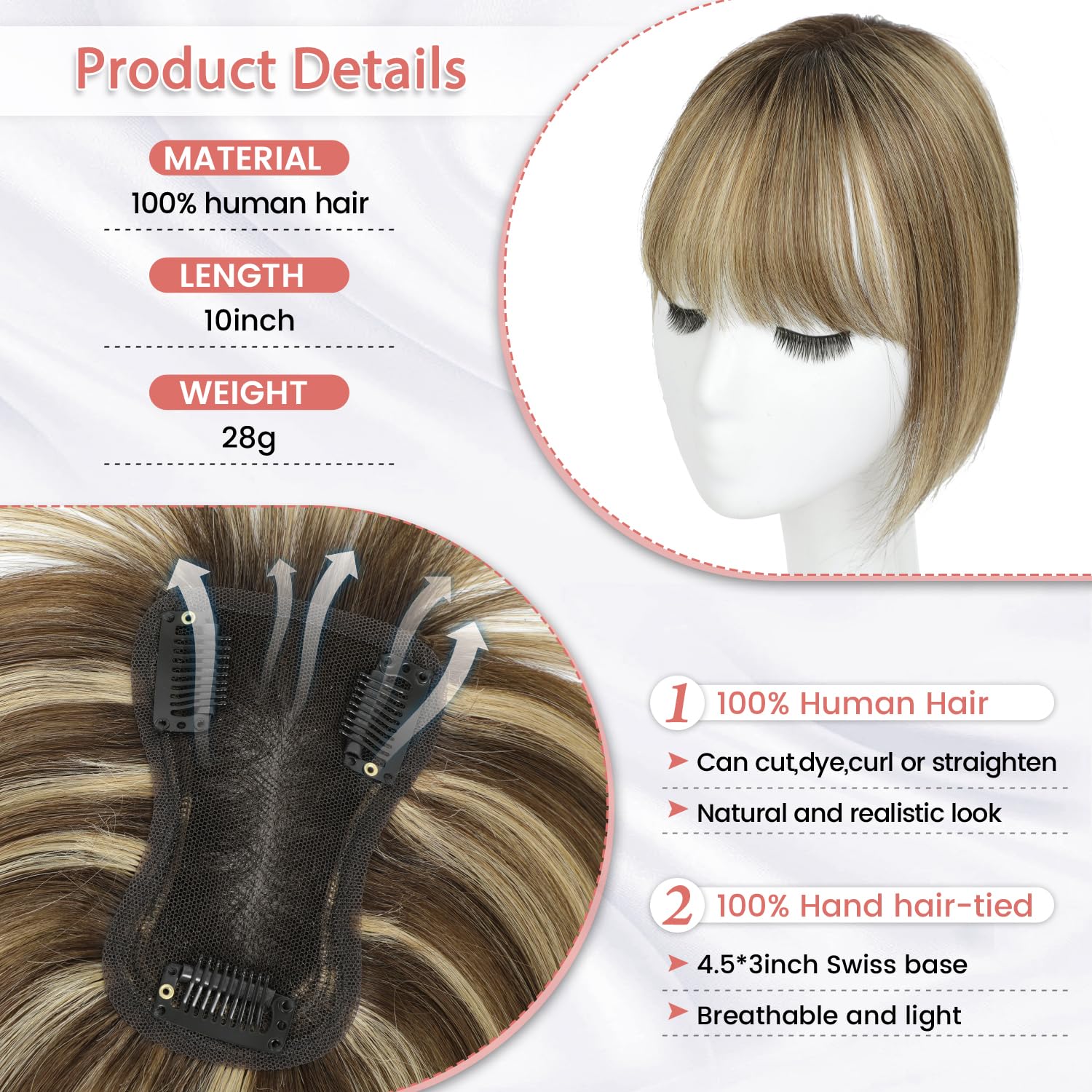 Lasunork Hair Toppers for Women Human Hair Topper Clip in Fringe Hand-woven Swiss Base Hair Topper (Medium Brown Mix Blonde with Dark Brown Root) - Image 2