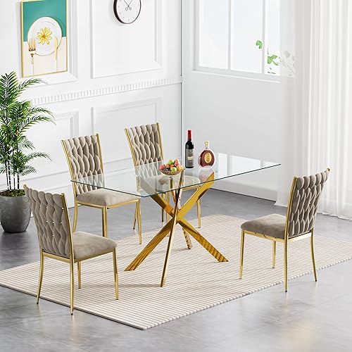 Miniatura 29 de SSLine Juego de mesa de comedor de cristal moderno para 6, 7 piezas, juego de comedor de cocina rectangular, mesa de vidrio templado de 51 pulgadas