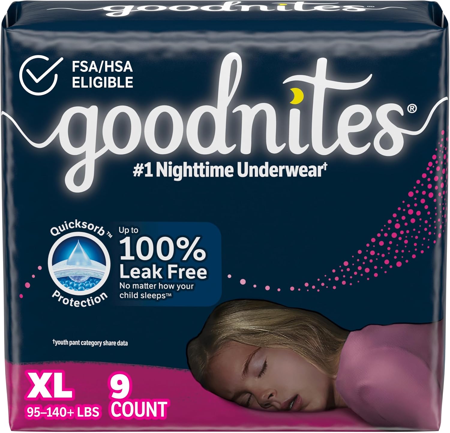 Goodnites Girls' Nighttime Bedwetting Underwear, Size Extra Large (95-140+ lbs), 9 Ct, Packaging May Vary X-Large 9
