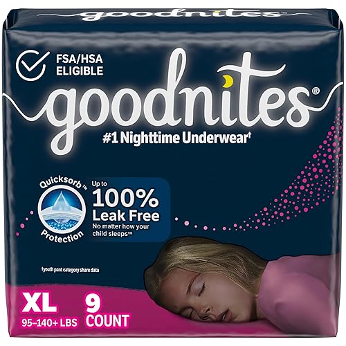 Goodnites Girls' Nighttime Bedwetting Underwear, Size Extra Large (95-140+ lbs), 9 Ct, Packaging May Vary - X-Large - 9