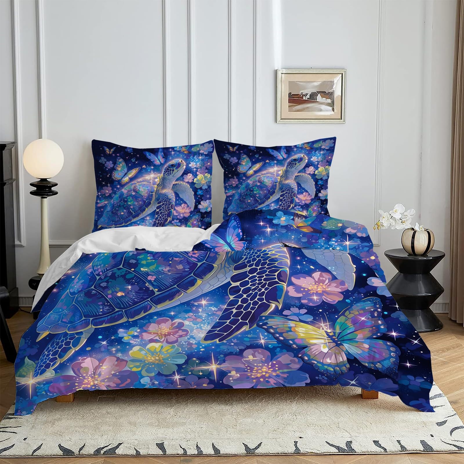 Parure de lit 140x190 bleu marine avec housse de couette et taies tortue