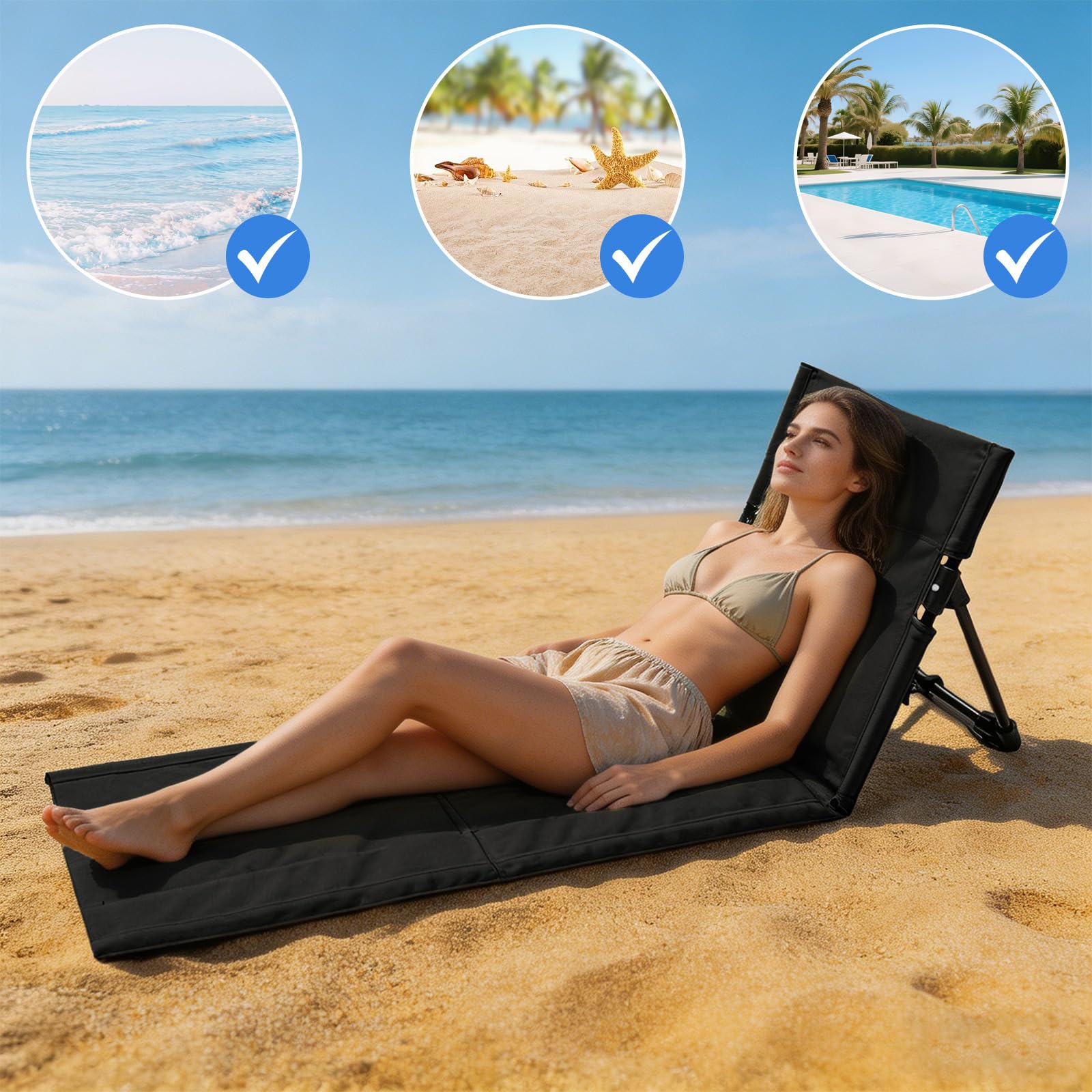 Strandmatte mit Rückenlehne, Klappbare Liegematte mit Rückenlehne, Strandliege Faltbar Leicht, Strandsitz mit Aufnahmebeutel, Bodenstuhl Outdoor für Camping, Strand, Reisen (Schwarz, Lange)
