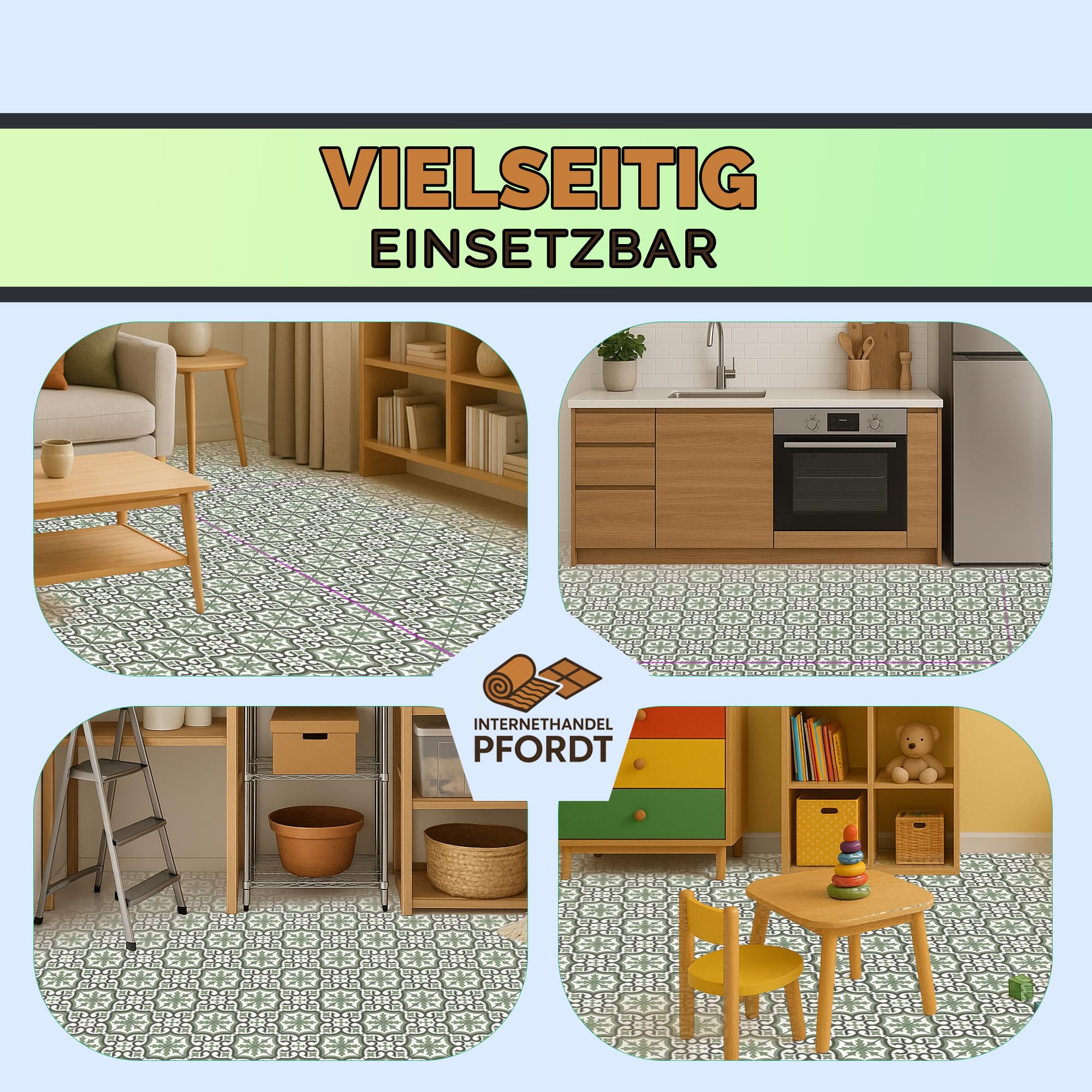 CV Bodenbelag Retro Fliese Grün, 500x200 cm, pflegeleichter PVC Vinylboden in Fliesenoptik, Meterware für Küche und Wohnzimmer