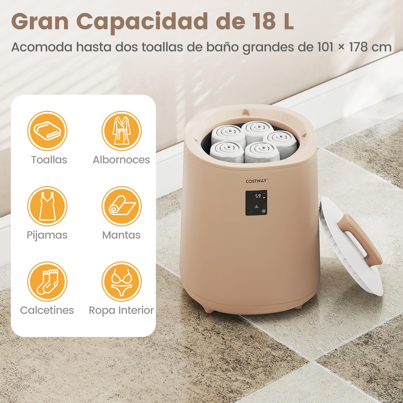 COSTWAY Calentador de Toallas para Baño, Calentador de Mantas Grande de 18 L con Pantalla LED y Apagado Automático, Cubo Portátil para Toallas Calientes, Batas, Mantas (café)