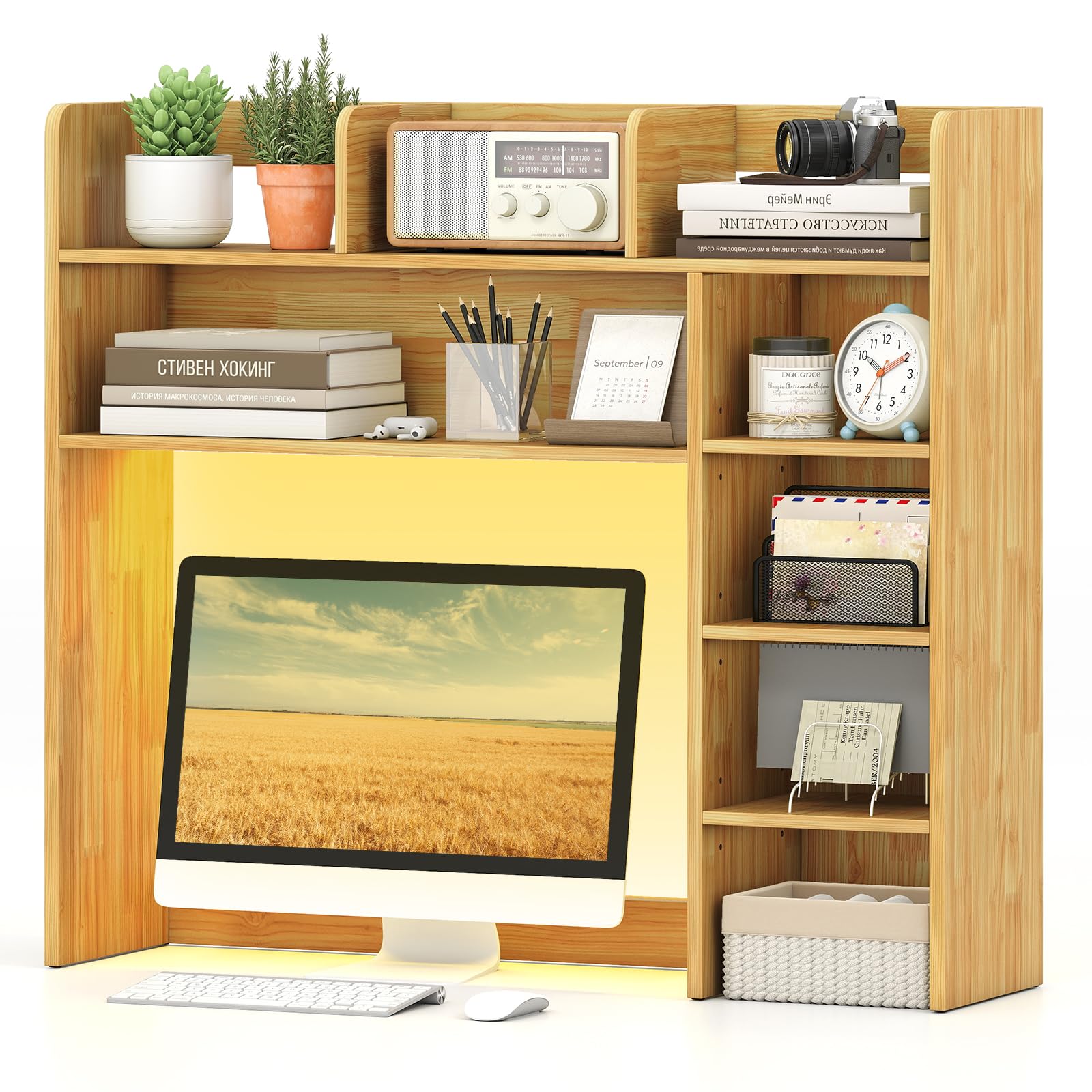 Tangkula Desktop Bookshelf with LED Lights, Desk Hutch with 8 Shelves for Max 25" Monitor, Desktop 5-Tier Display Rack, Wood Desktop Storage Hutch Organizer for Dorm Office Home, Burlywood