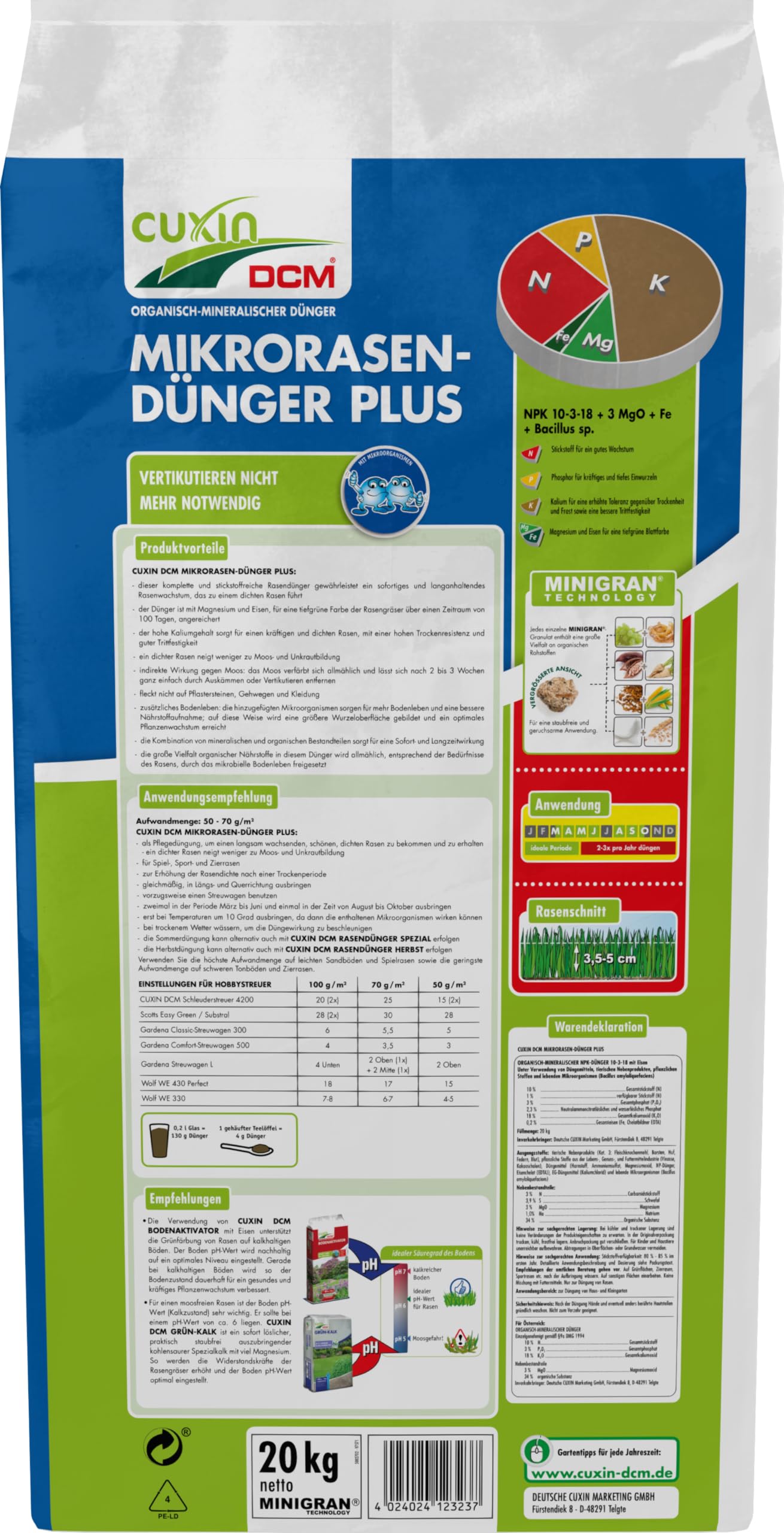 Cuxin Dcm Mikrorasen-Dünger Plus 20 kg Fertilizzante per Prato Anti Muschio Fertilizzante Lunga Durata