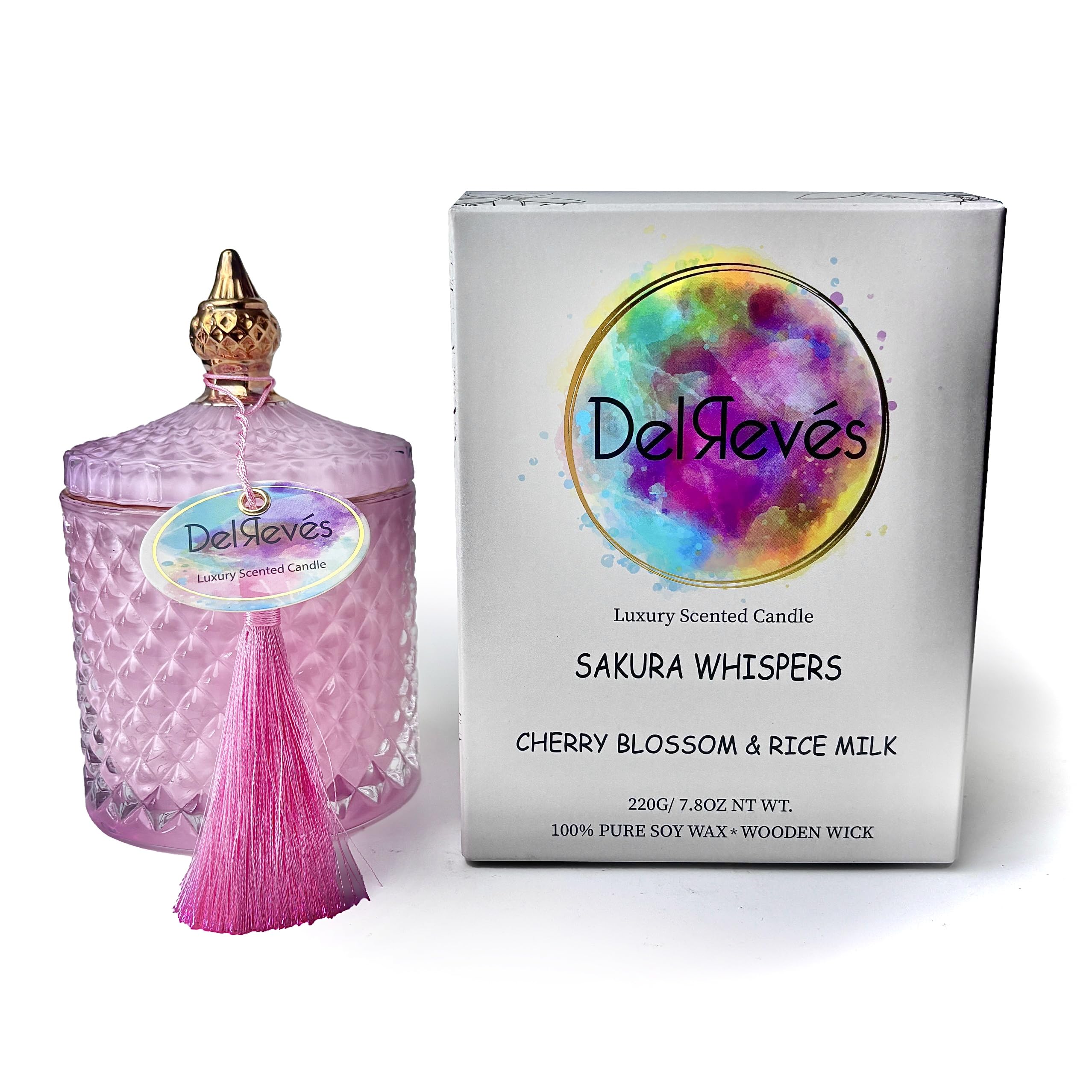 Delrevés "Sakura Whispers". Vela Aromática grande de lujo. Vela decorativa de soja con mecha de madera. +50 horas de Combustión. Perfumada a Flor de cerezo y leche de arroz.