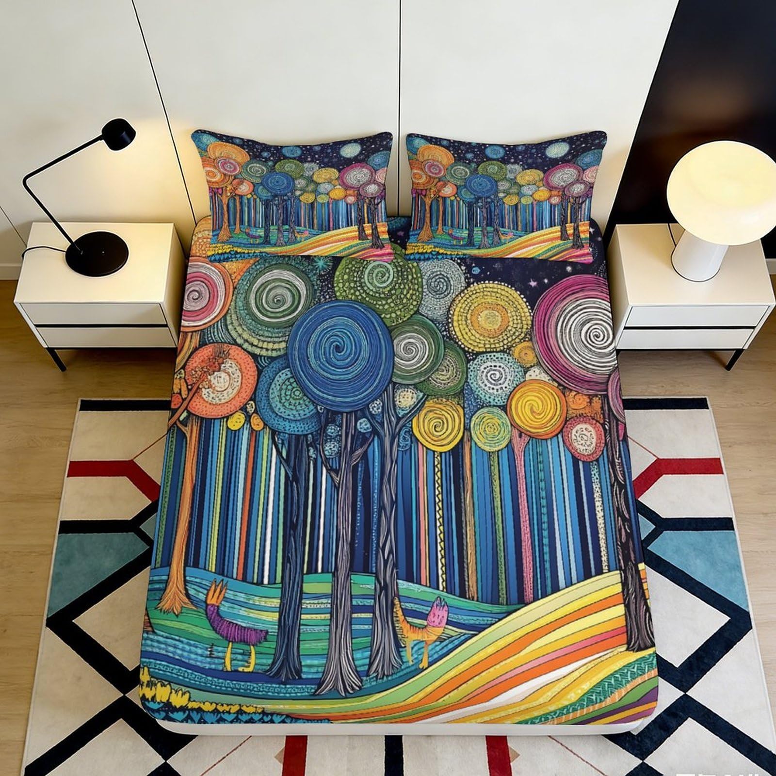 3D Printed Colorful Fantasy Forest Fitted Sheet Microfiber Soft Breathable Whimsical Tree Bed Cover for Bedroom Guest Room 90x200x25cm