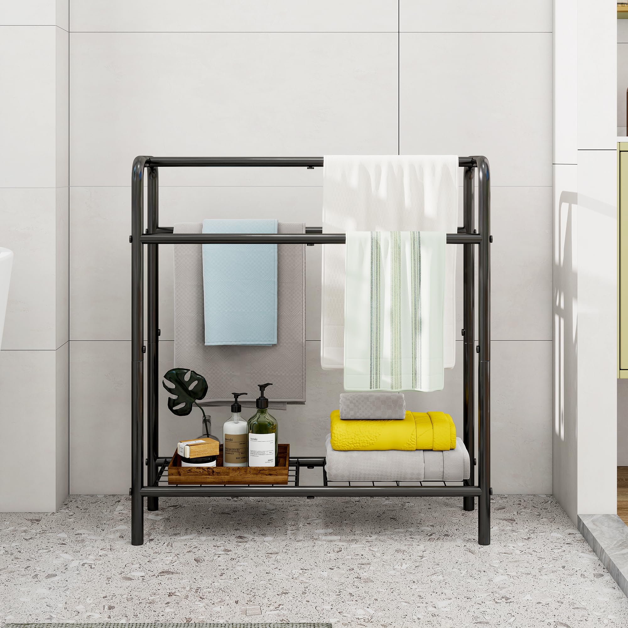Porte-serviettes à 3 niveaux en métal, petit porte-serviettes autonome pour salle de bain, gain de place, chambre à coucher, salle de bain, étagère d'affichage pour piscine (noir, 70 x 27 x 76