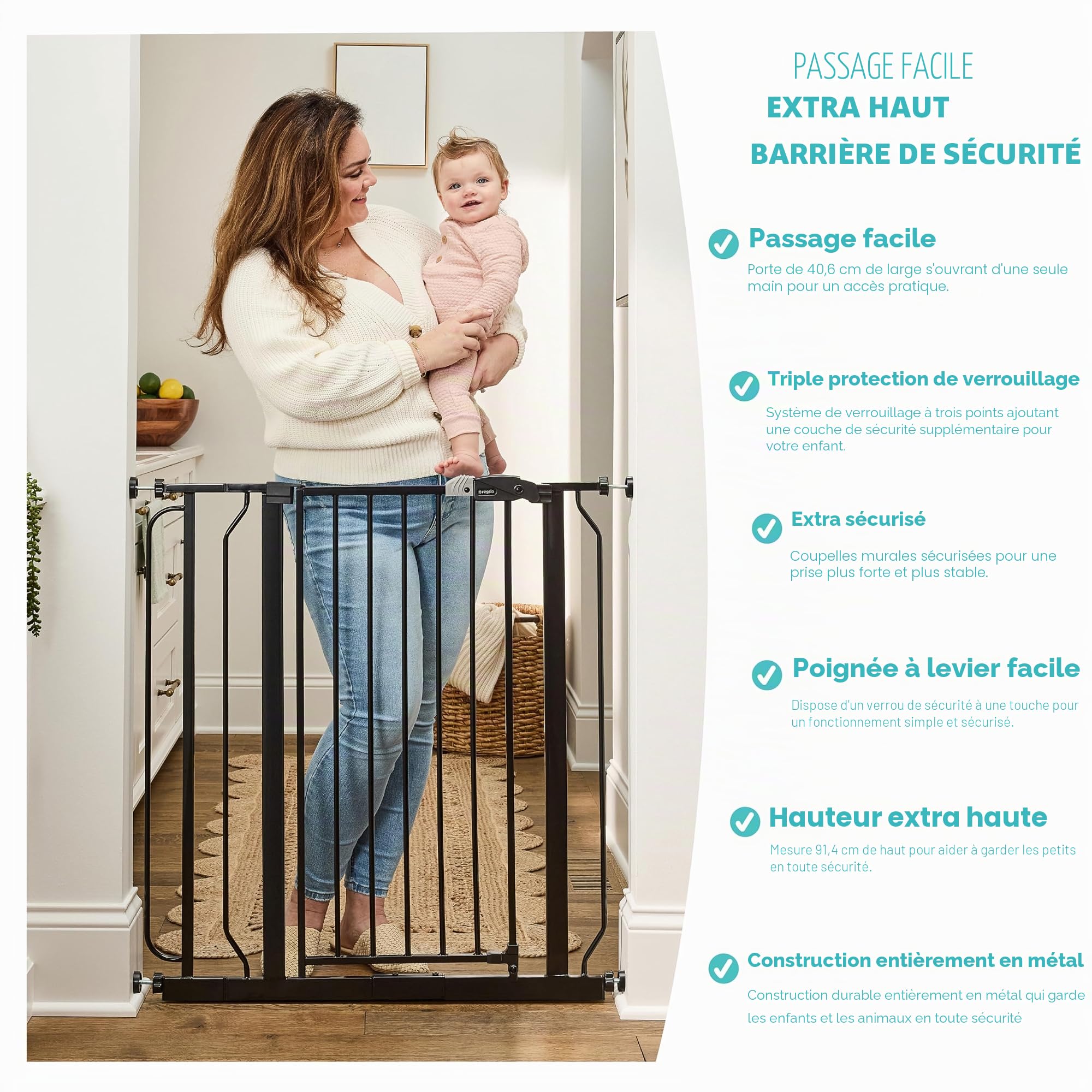 Regalo Safety 91.4cm Extra Tall Baby Gate for Doorways & Bottom of Stairs, Fits Openings 73.6-90cm (Extension Included), Pressure Mounted for Babies, Toddlers & Pets